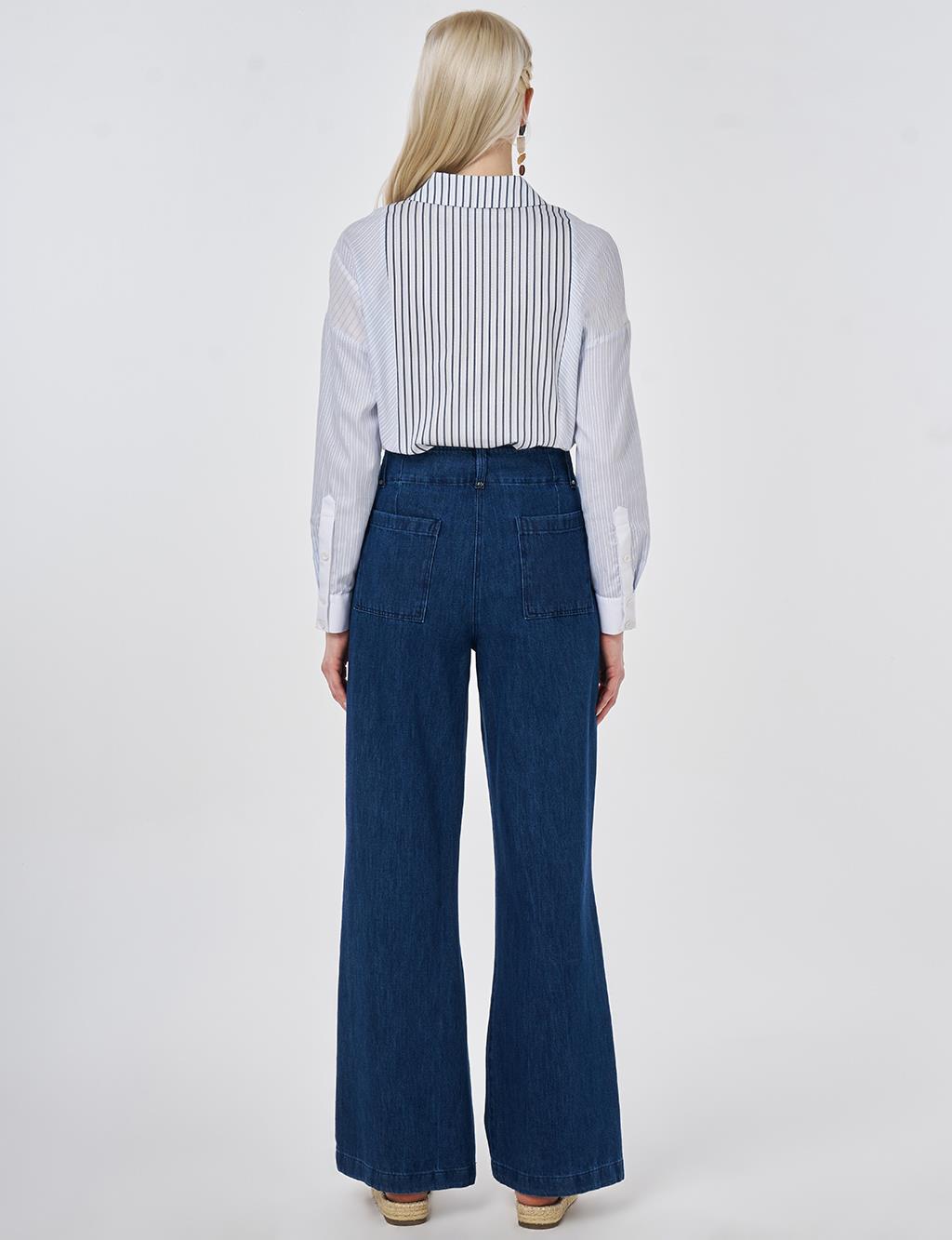 Washed Denim Trousers with Seam Stitching Navy