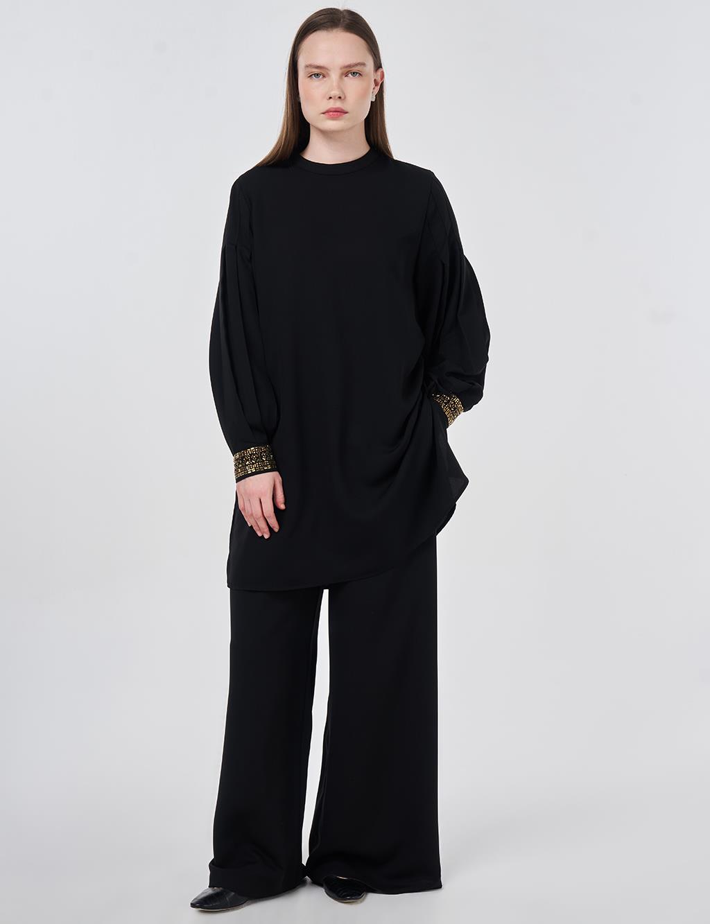 Elegant Two-Piece Set with Ribbed Stitching Black