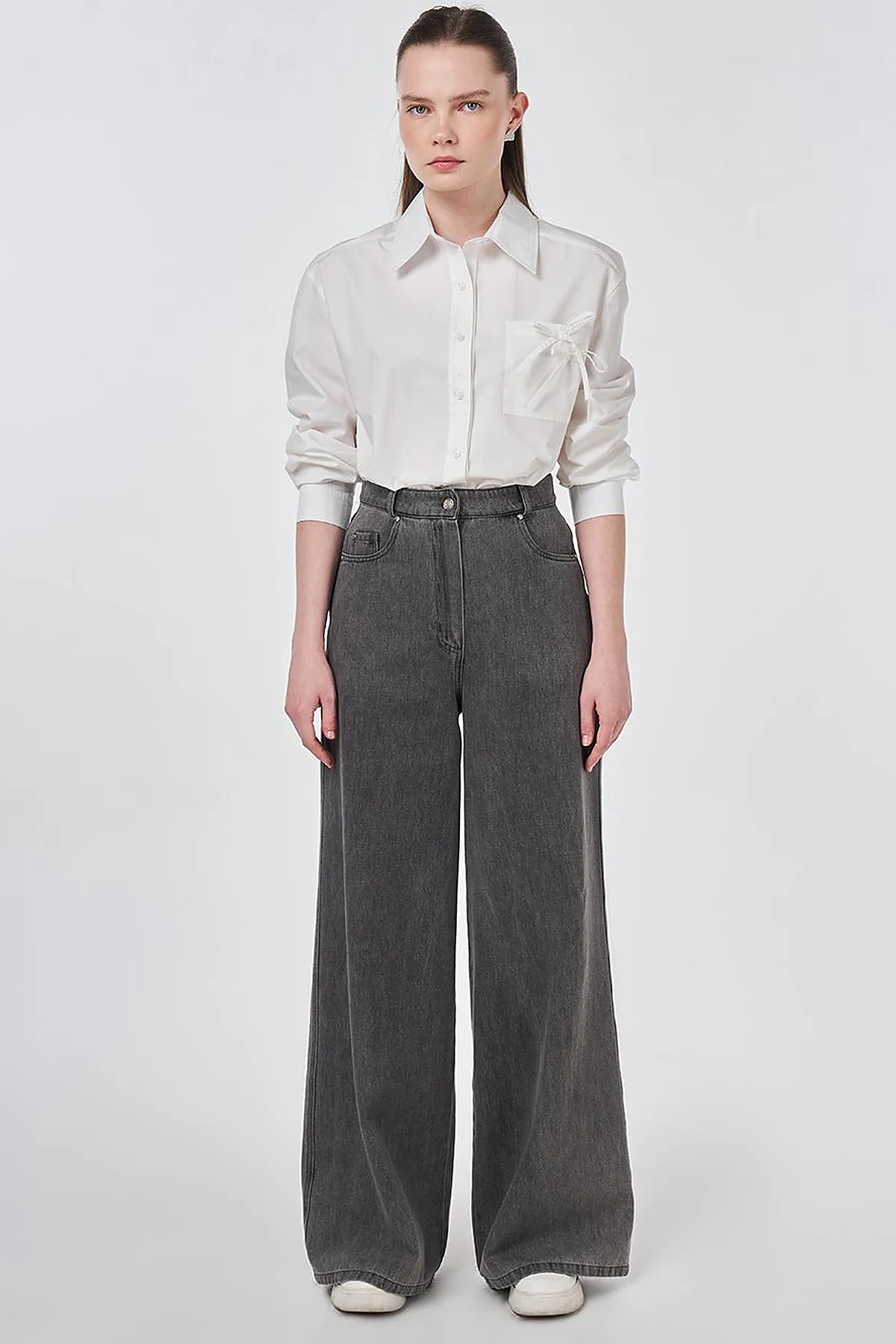 Washed Wide Leg Denim Trousers Anthracite