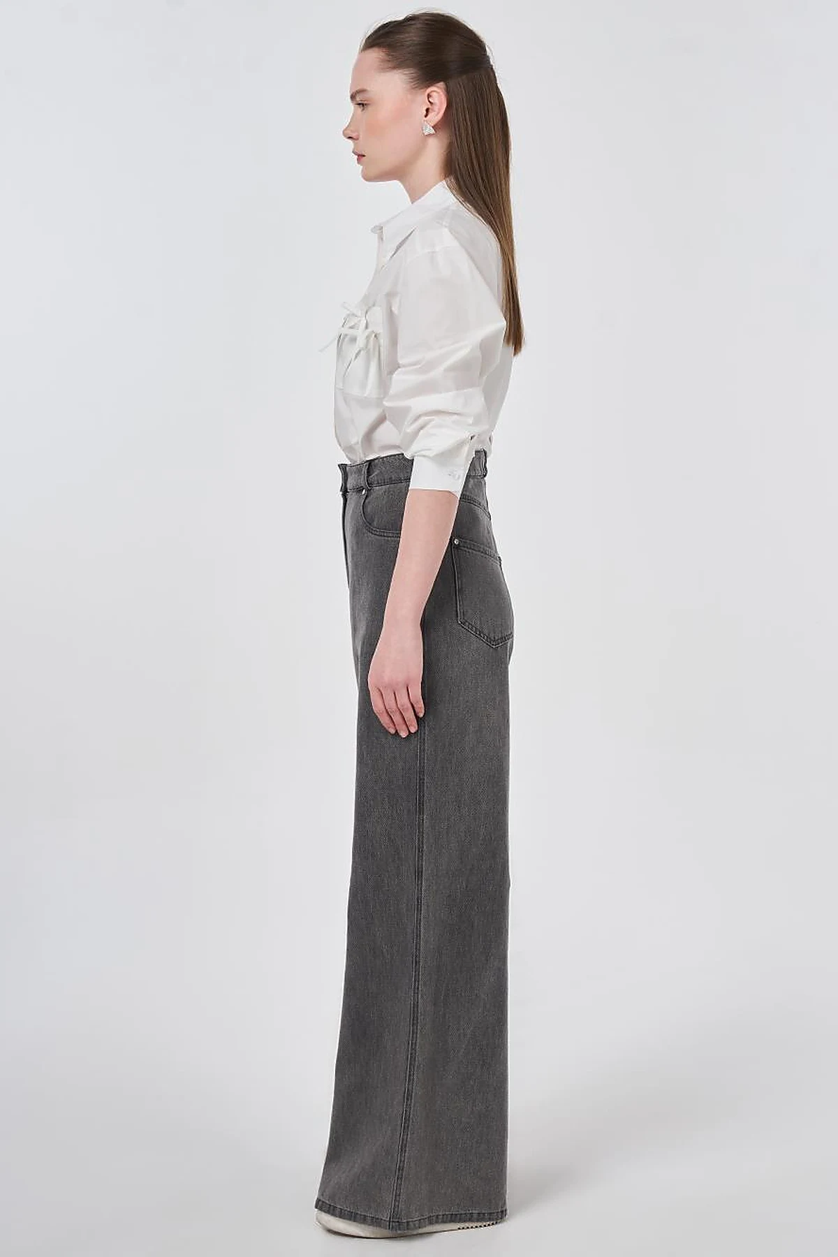 Washed Wide Leg Denim Trousers Anthracite