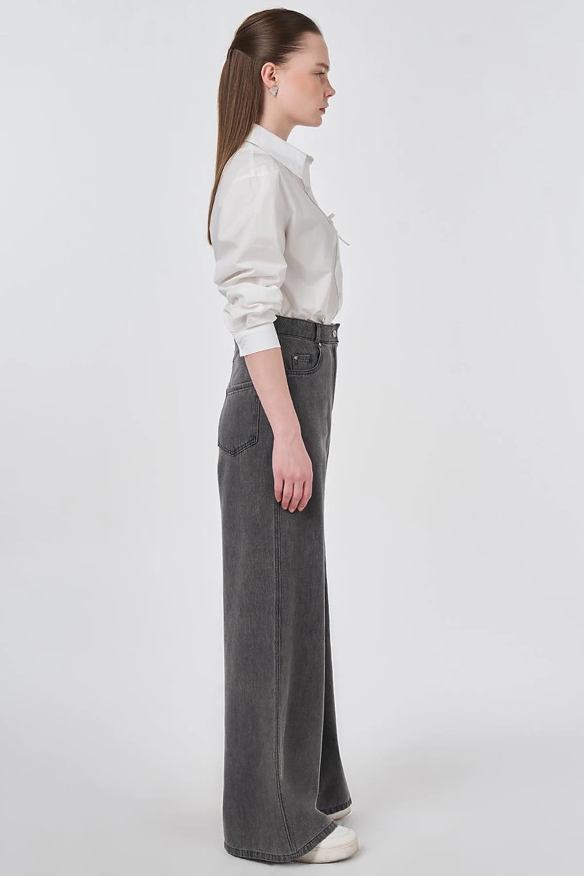 Washed Wide Leg Denim Trousers Anthracite