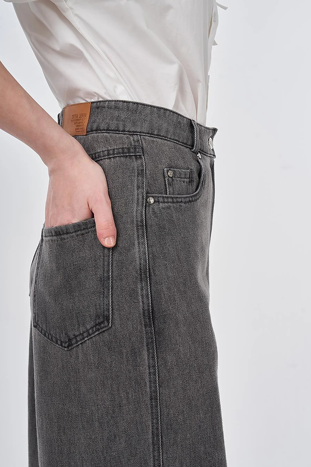 Washed Wide Leg Denim Trousers Anthracite