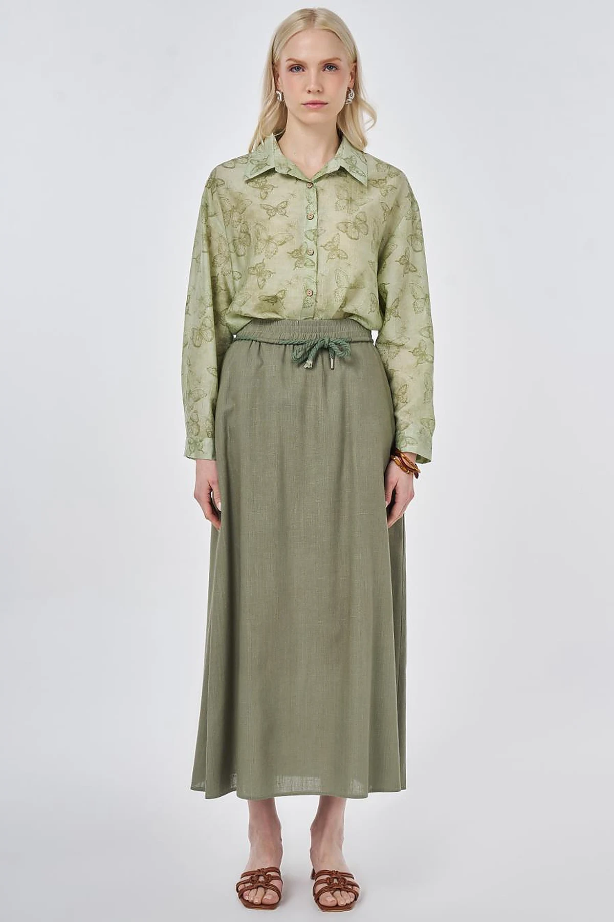 High Waist Rayon A-line Skirt Khaki