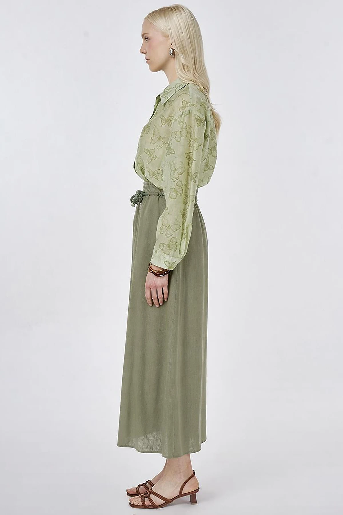 High Waist Rayon A-line Skirt Khaki
