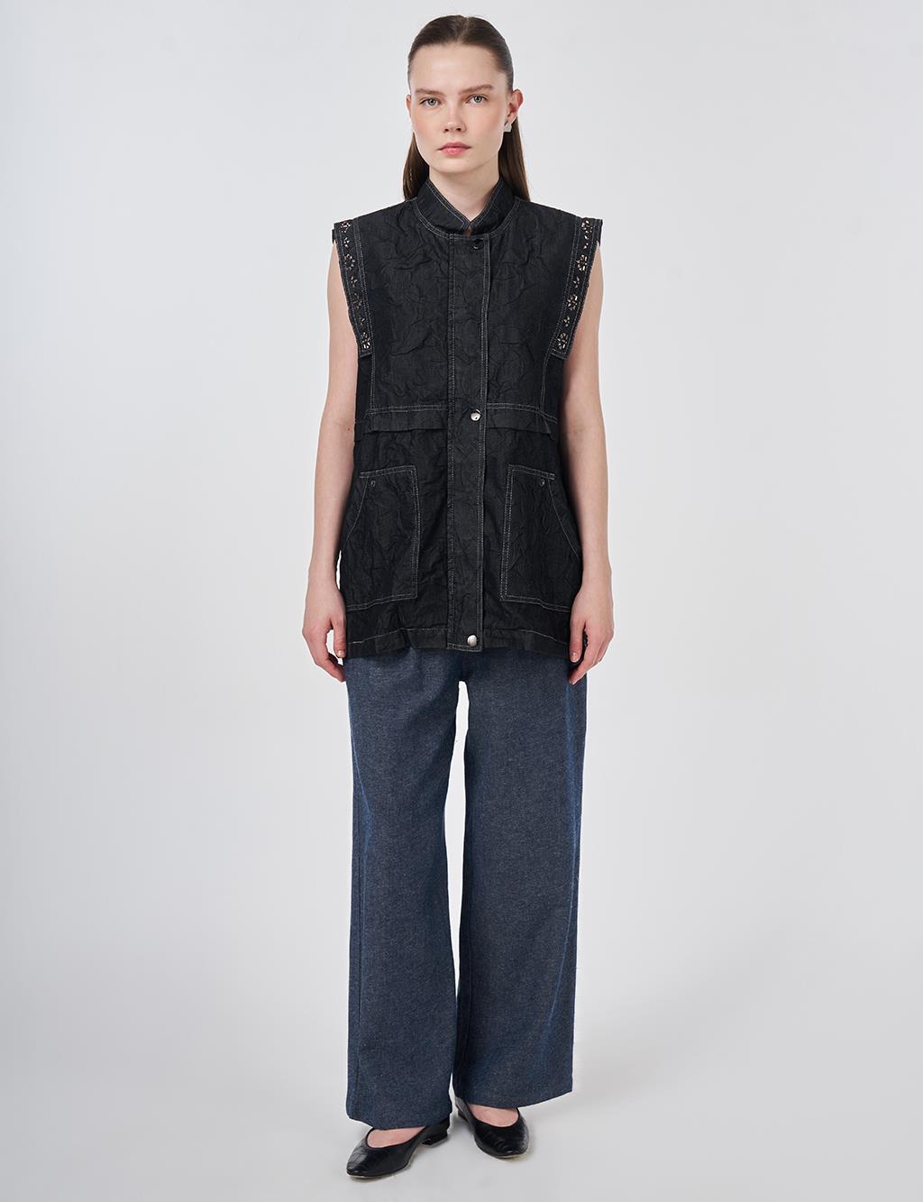 Hotfix Baskılı Kabartma Desen Yelek Siyah