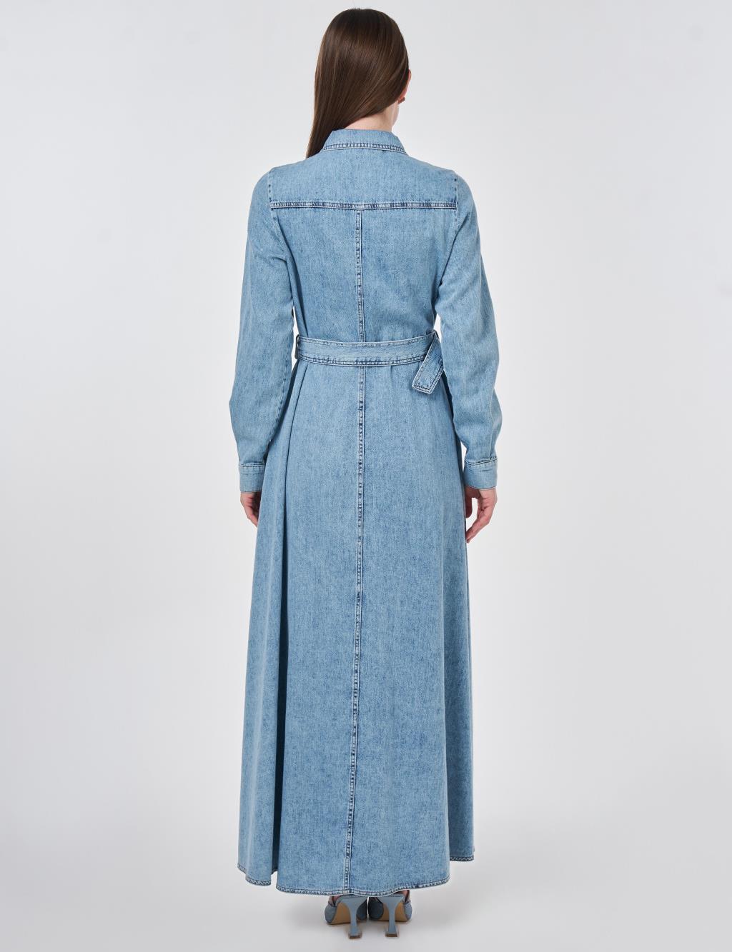 Yıkamalı Denim Elbise Mavi 