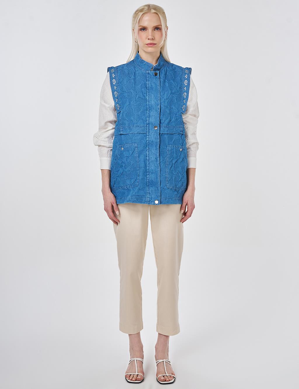 Hotfix Baskılı Kabartma Desen Yelek İndigo