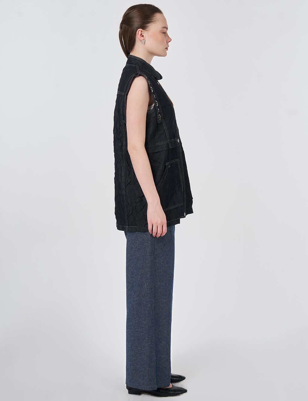 Hotfix Baskılı Kabartma Desen Yelek Siyah