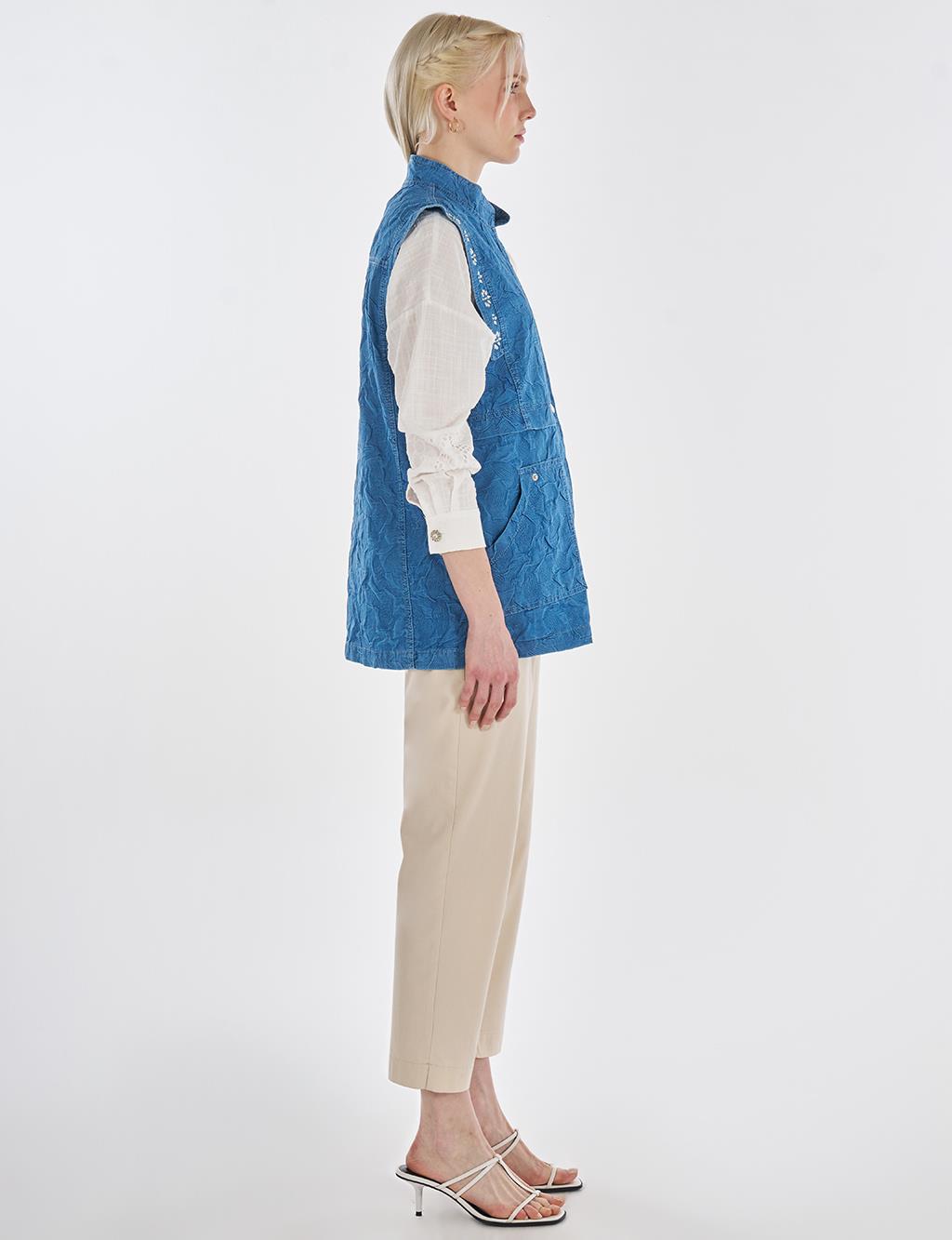 Hotfix Baskılı Kabartma Desen Yelek İndigo