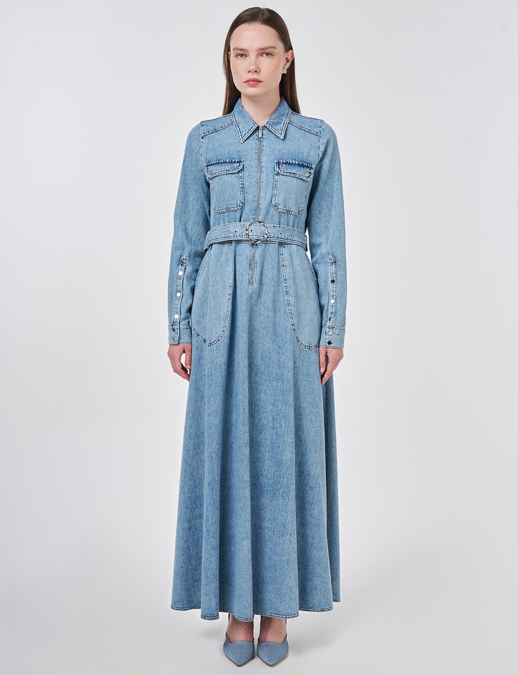 Yıkamalı Denim Elbise Mavi 