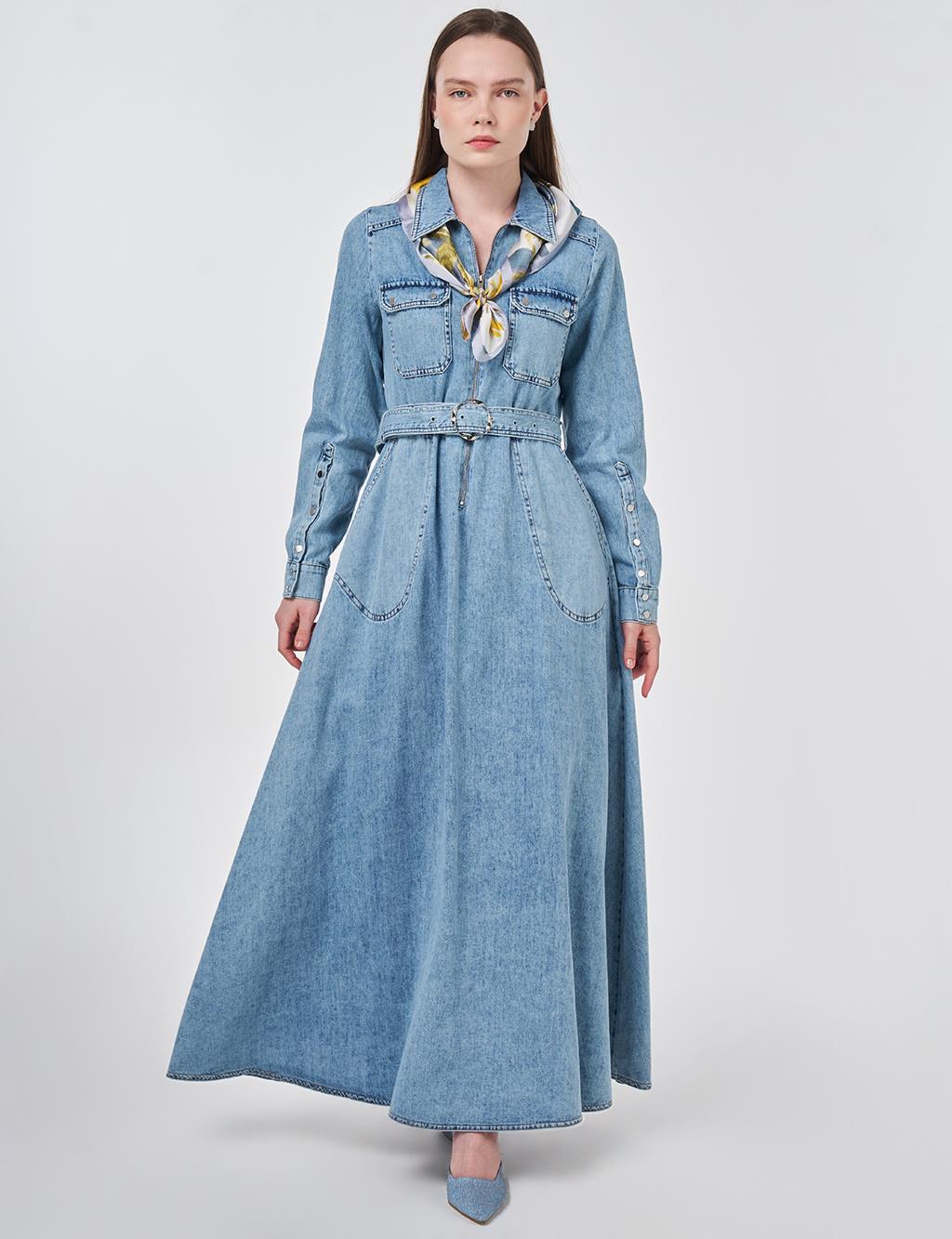 Yıkamalı Denim Elbise Mavi 