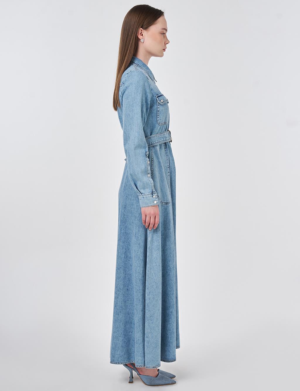 Yıkamalı Denim Elbise Mavi 