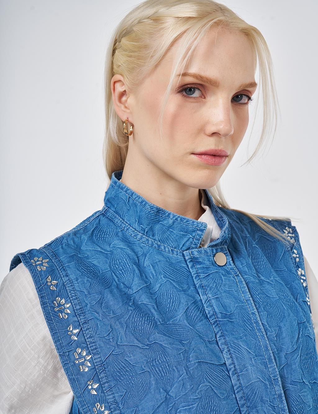 Hotfix Baskılı Kabartma Desen Yelek İndigo