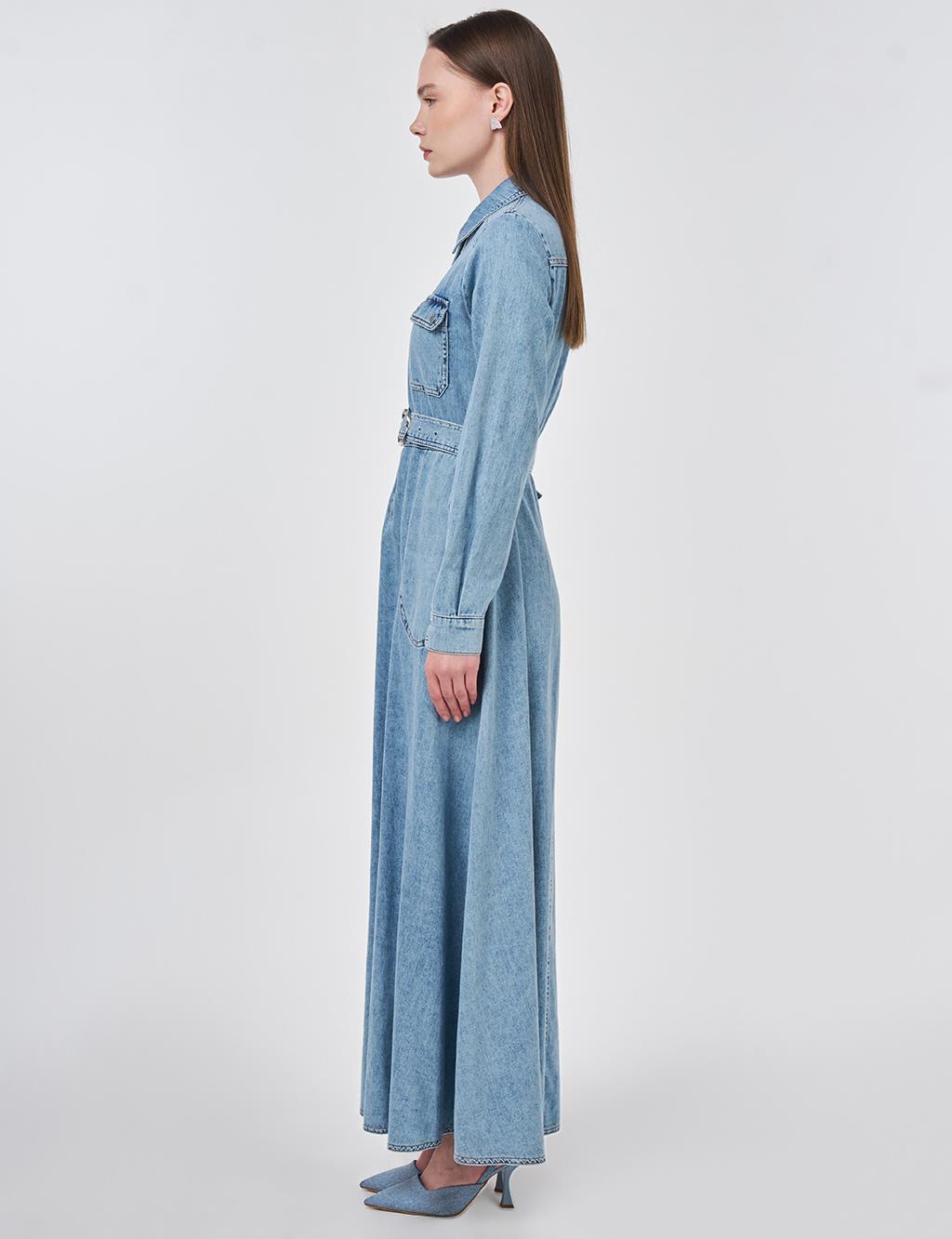 Yıkamalı Denim Elbise Mavi 