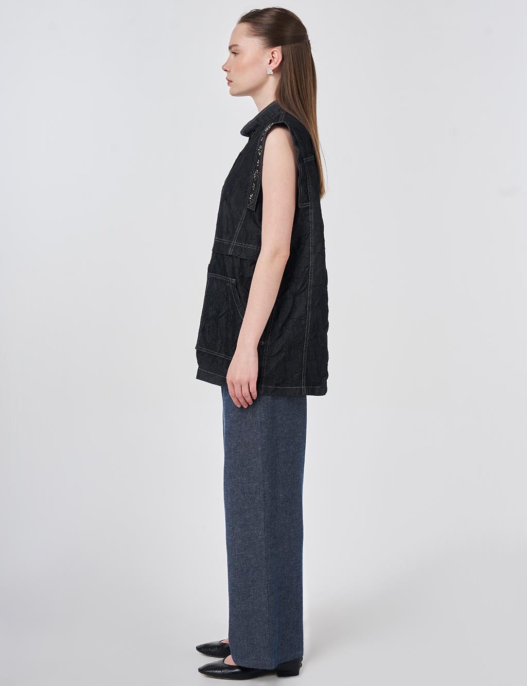 Hotfix Baskılı Kabartma Desen Yelek Siyah