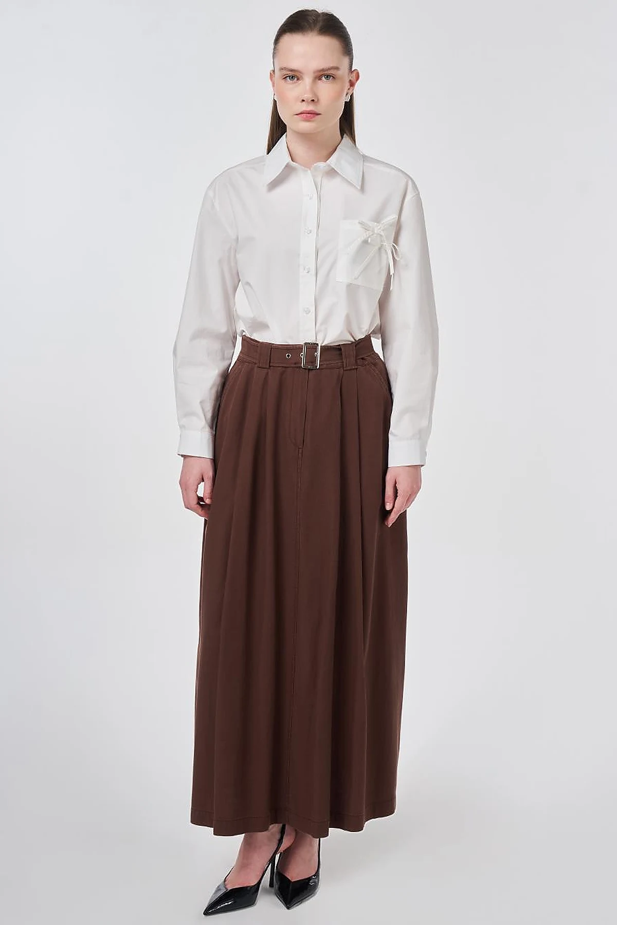 Buckle Detail Bell Skirt Chocolate