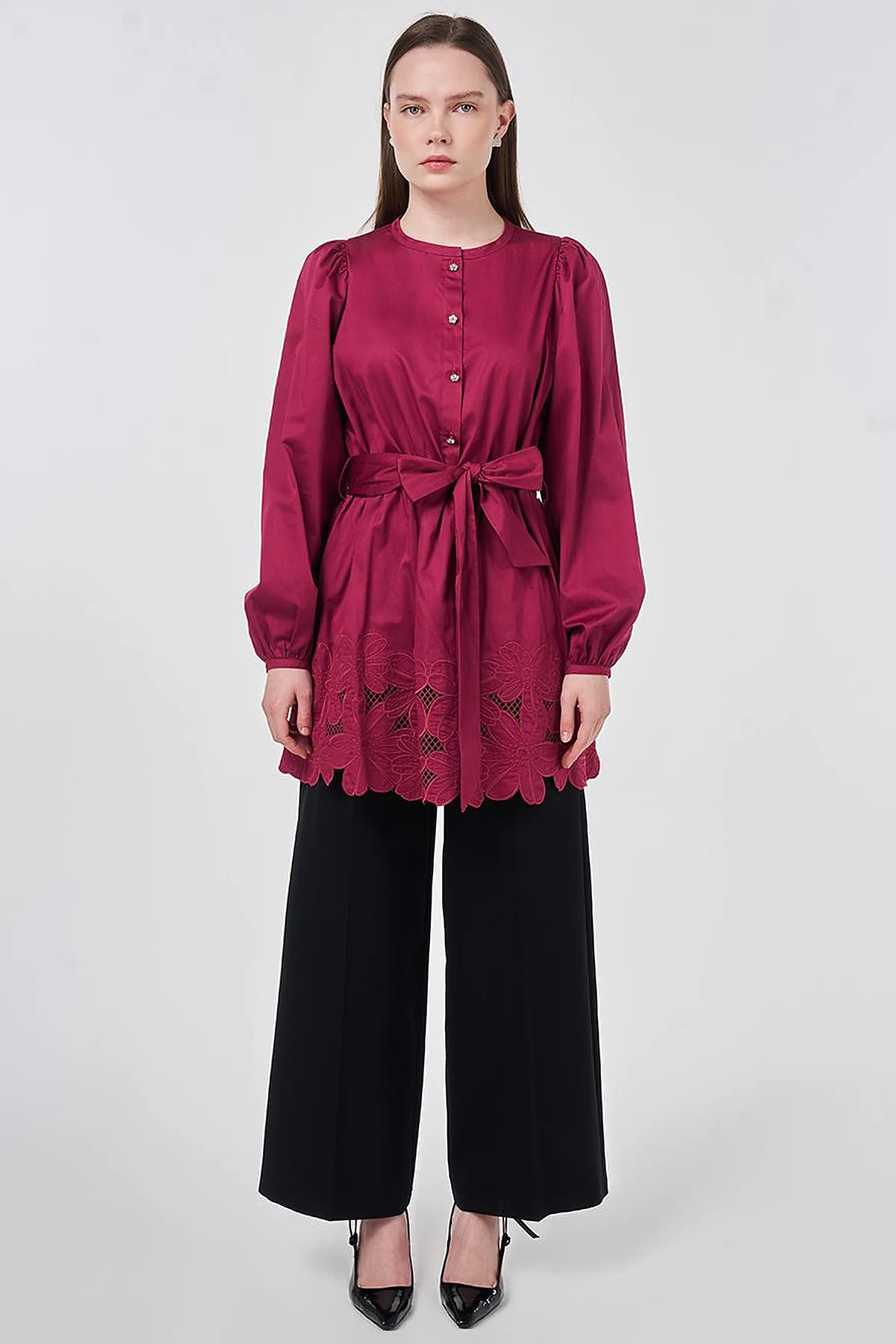 100% Cotton Laser Cut Tunic Cherry