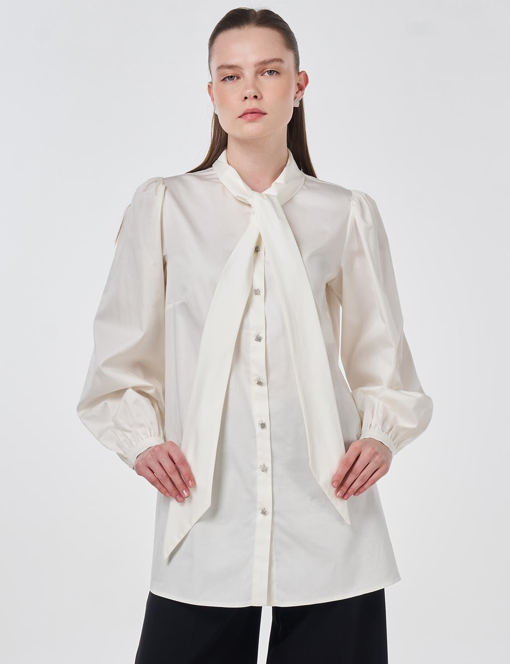 %100 Pamuklu Şal Yaka Tunik Ekru