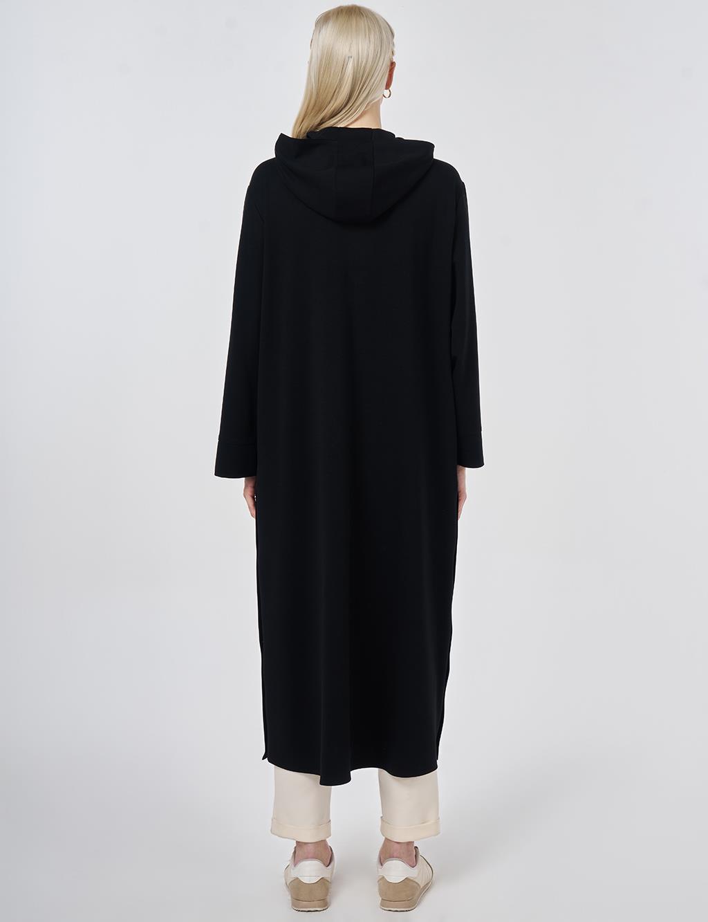 Kapüşon Detaylı Modal Uzun Tunik Siyah