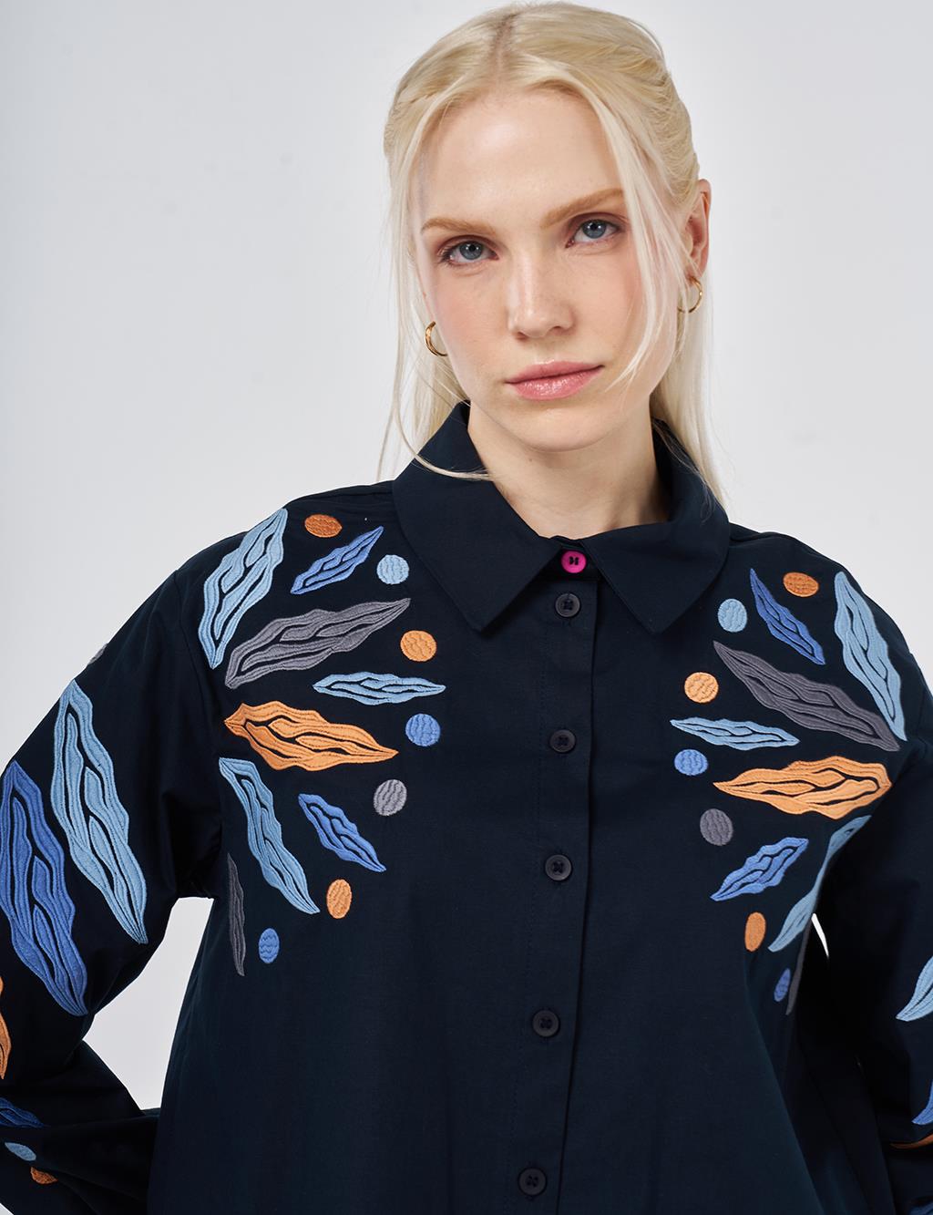 Embroidered Cotton Tunic Dark Navy