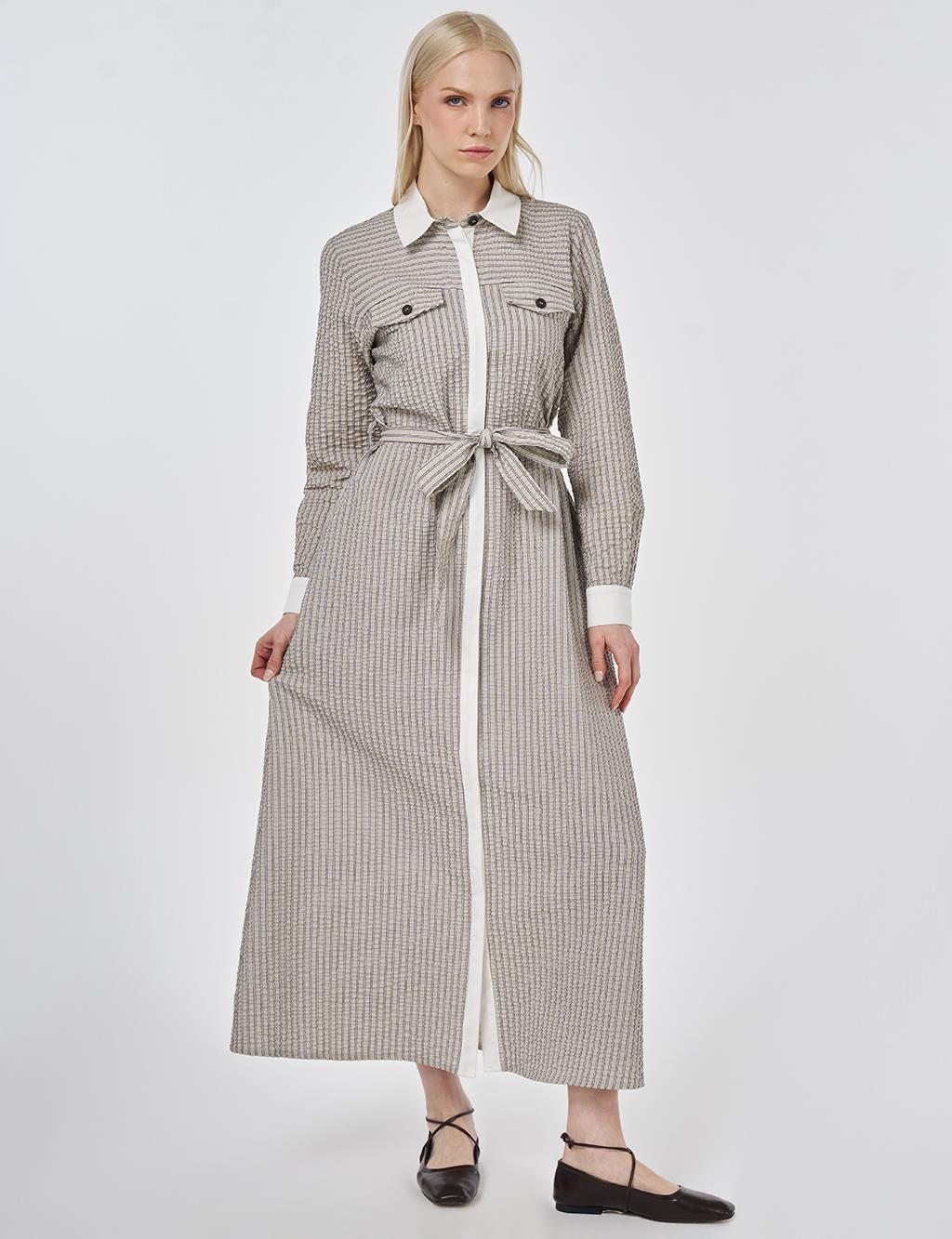 Flap Pocket Textured Dress Dark Brown