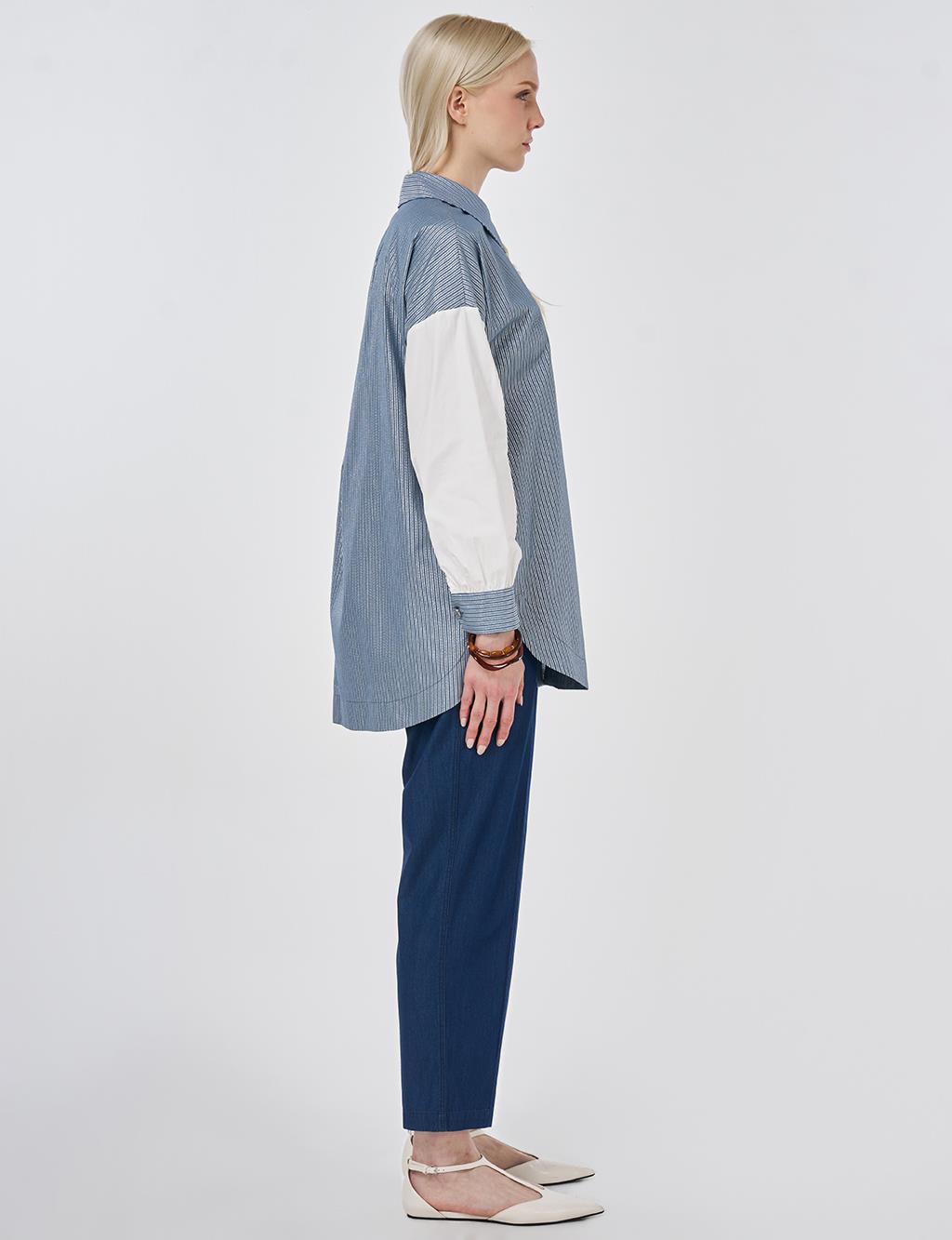 Striped Pattern Cotton Tunic with Brooch Indigo