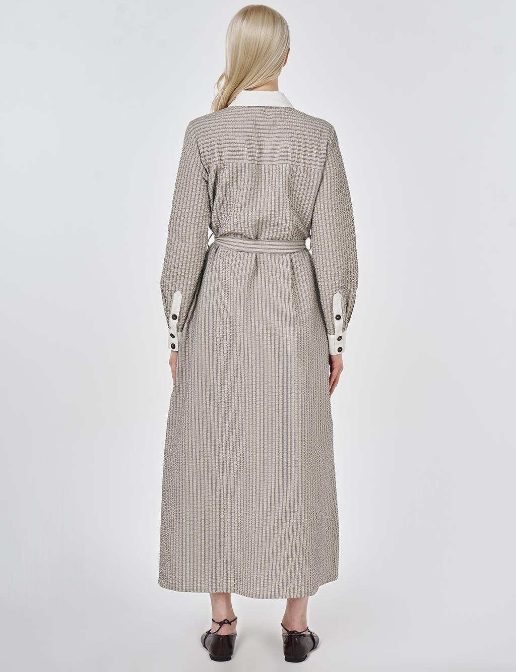 Flap Pocket Textured Dress Dark Brown