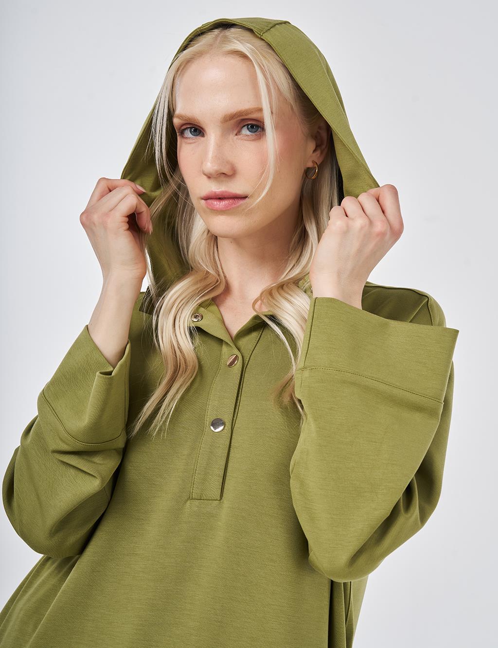 Kapüşon Detaylı Modal Uzun Tunik Matcha Yeşili