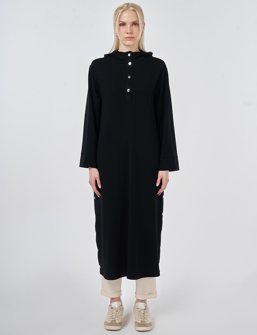 Kapüşon Detaylı Modal Uzun Tunik Siyah