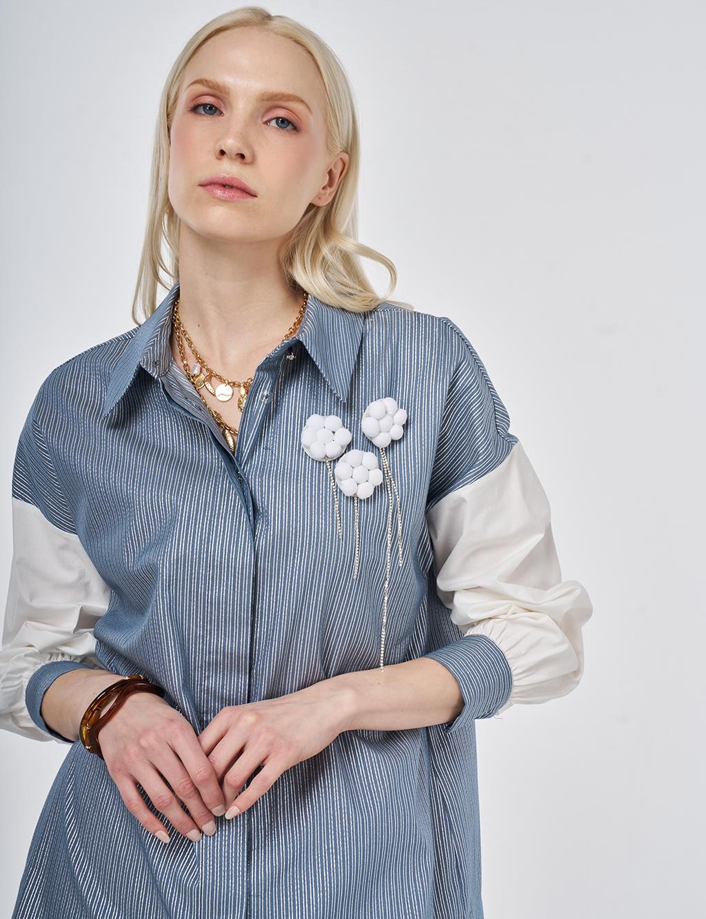 Striped Pattern Cotton Tunic with Brooch Indigo