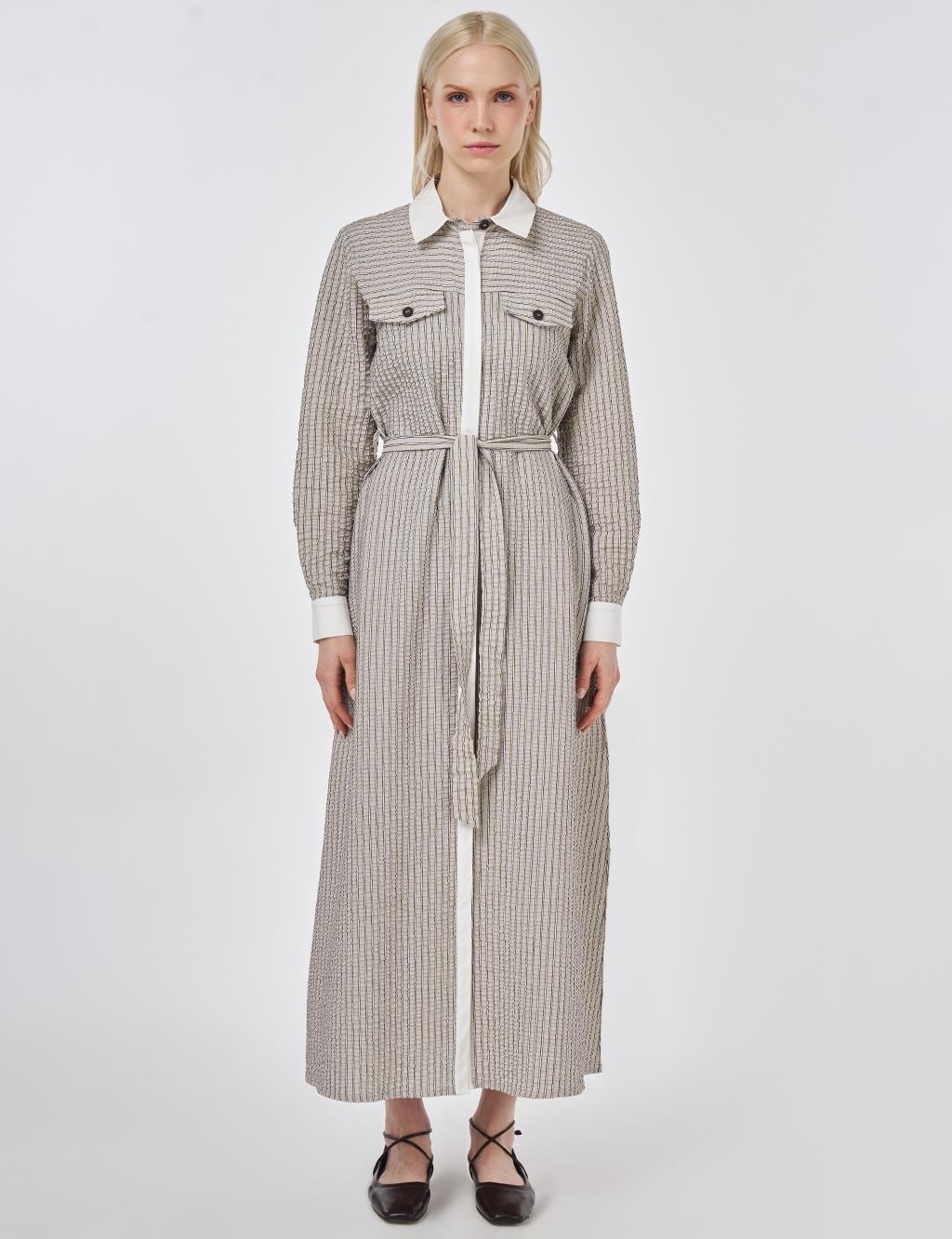 Flap Pocket Textured Dress Dark Brown