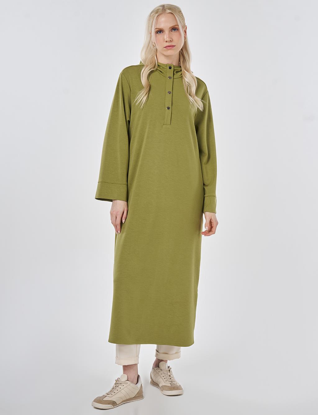 Kapüşon Detaylı Modal Uzun Tunik Matcha Yeşili