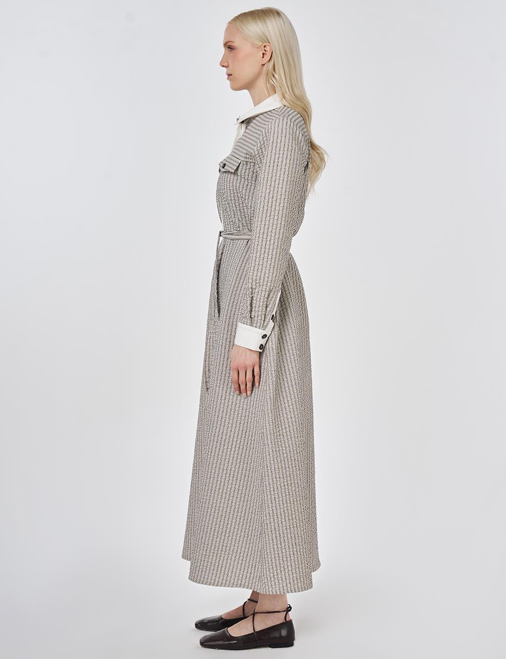 Flap Pocket Textured Dress Dark Brown