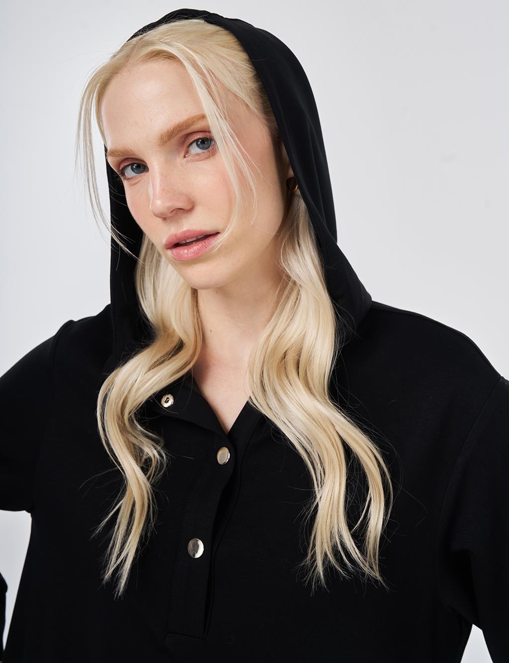 Kapüşon Detaylı Modal Uzun Tunik Siyah