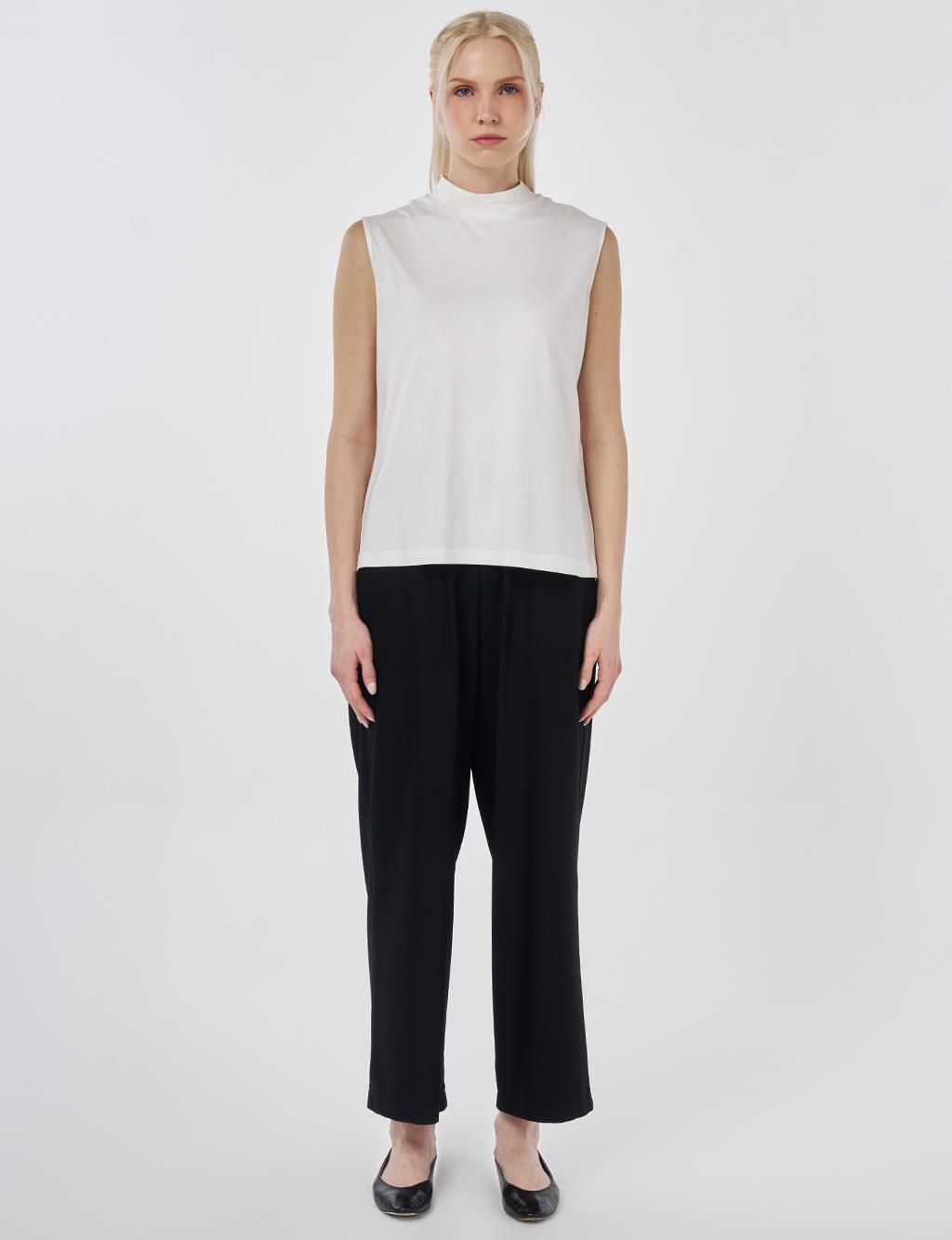 Short Stand-Up Collar Viscose T-shirt Optical White