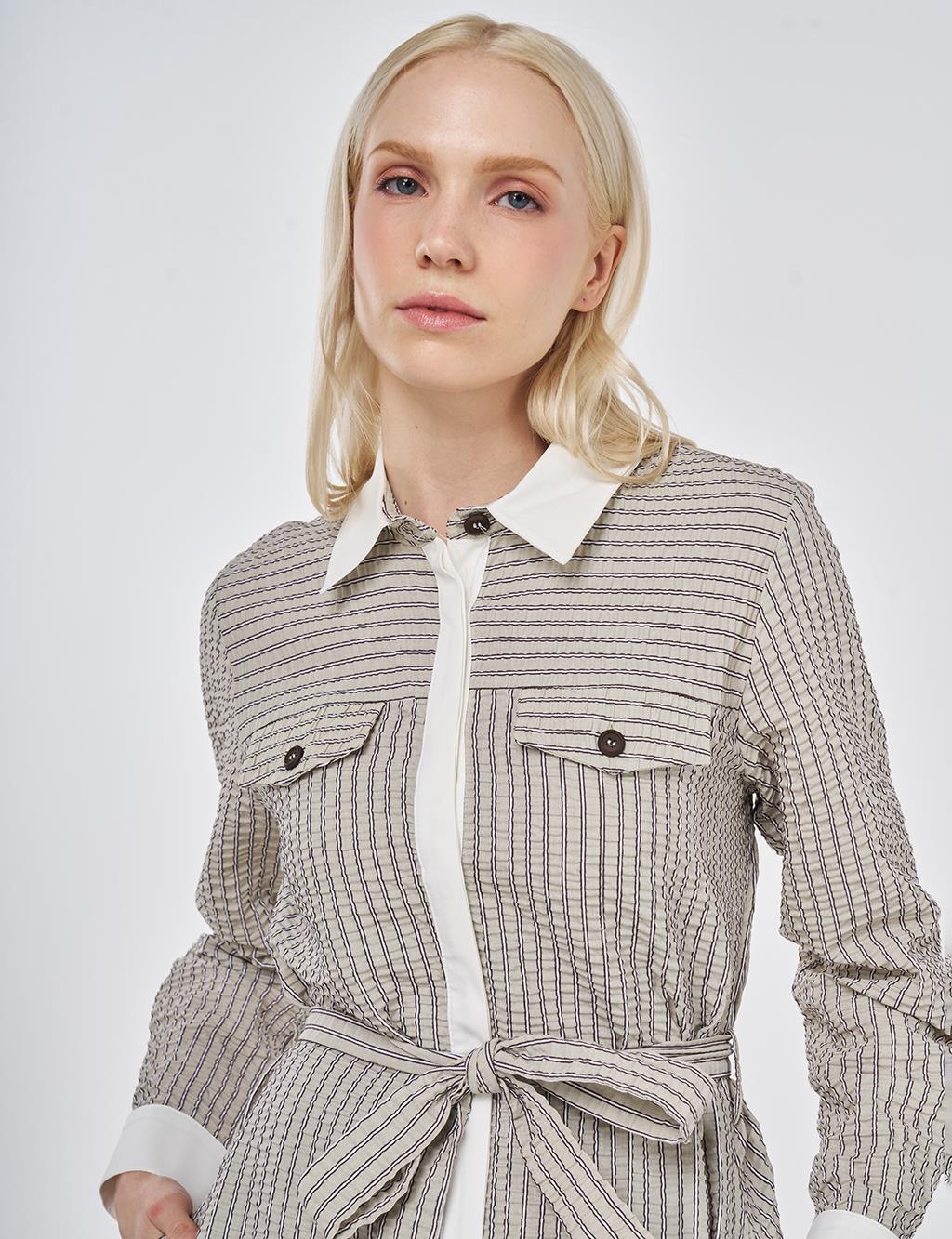 Flap Pocket Textured Dress Dark Brown