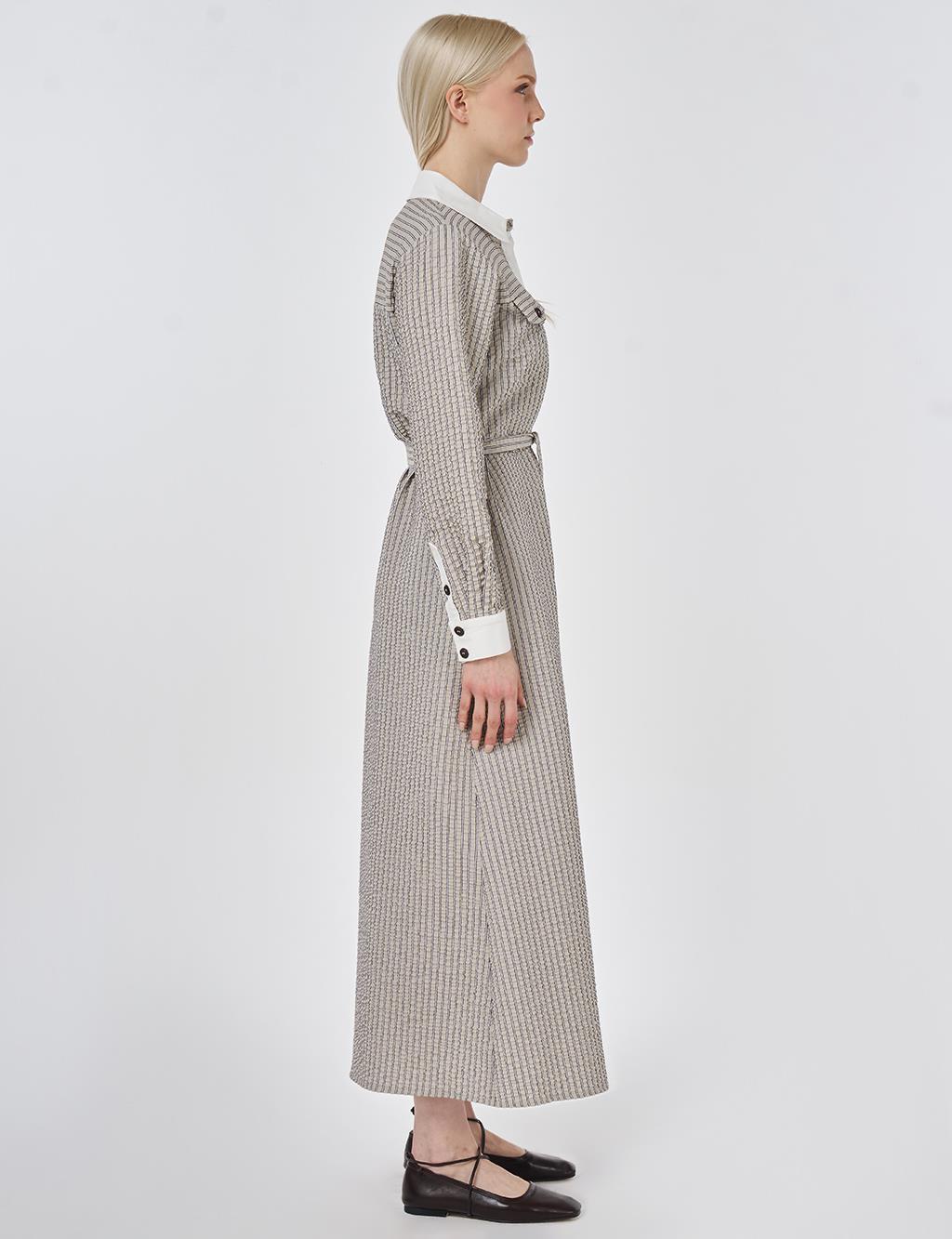 Flap Pocket Textured Dress Dark Brown