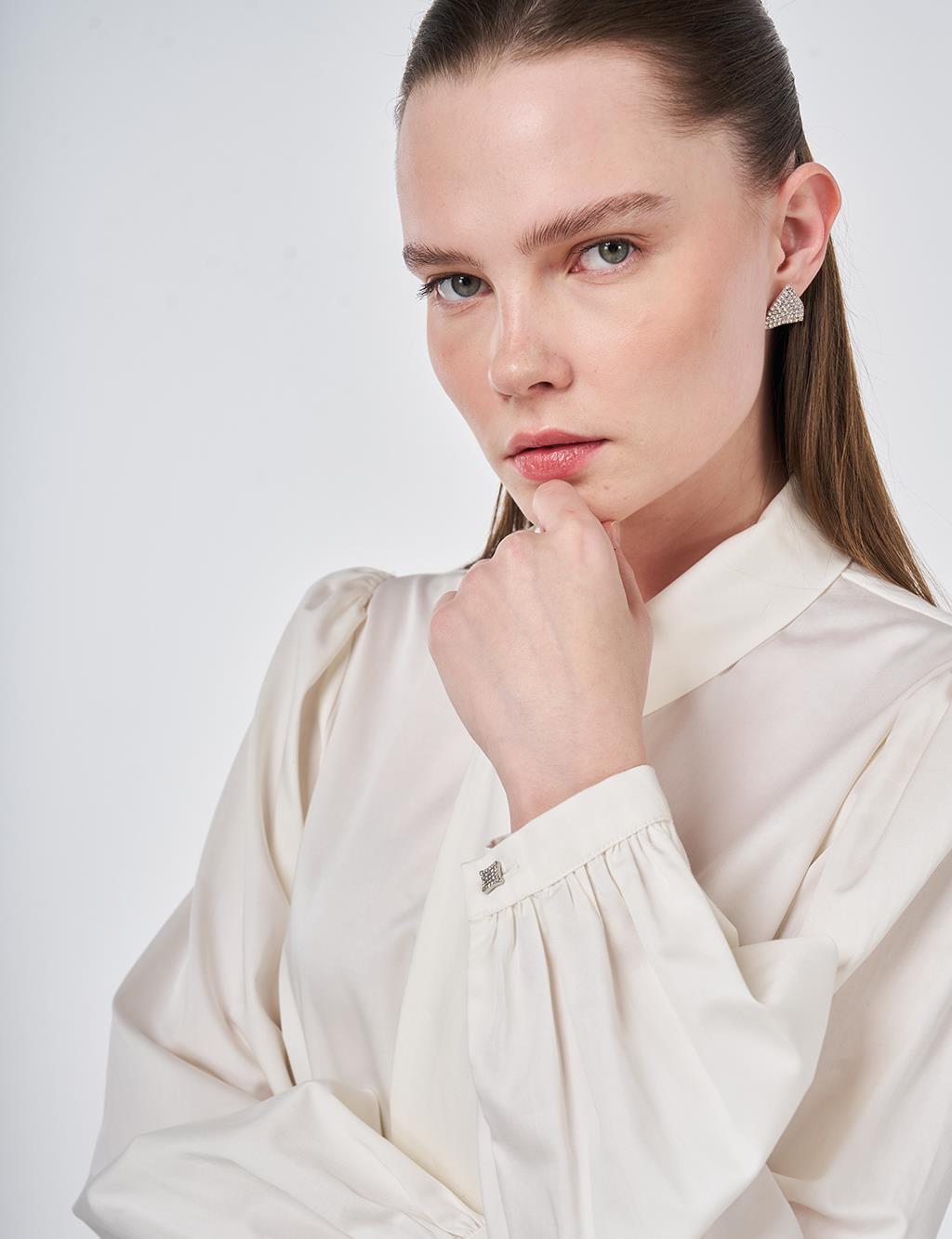 %100 Pamuklu Şal Yaka Tunik Ekru