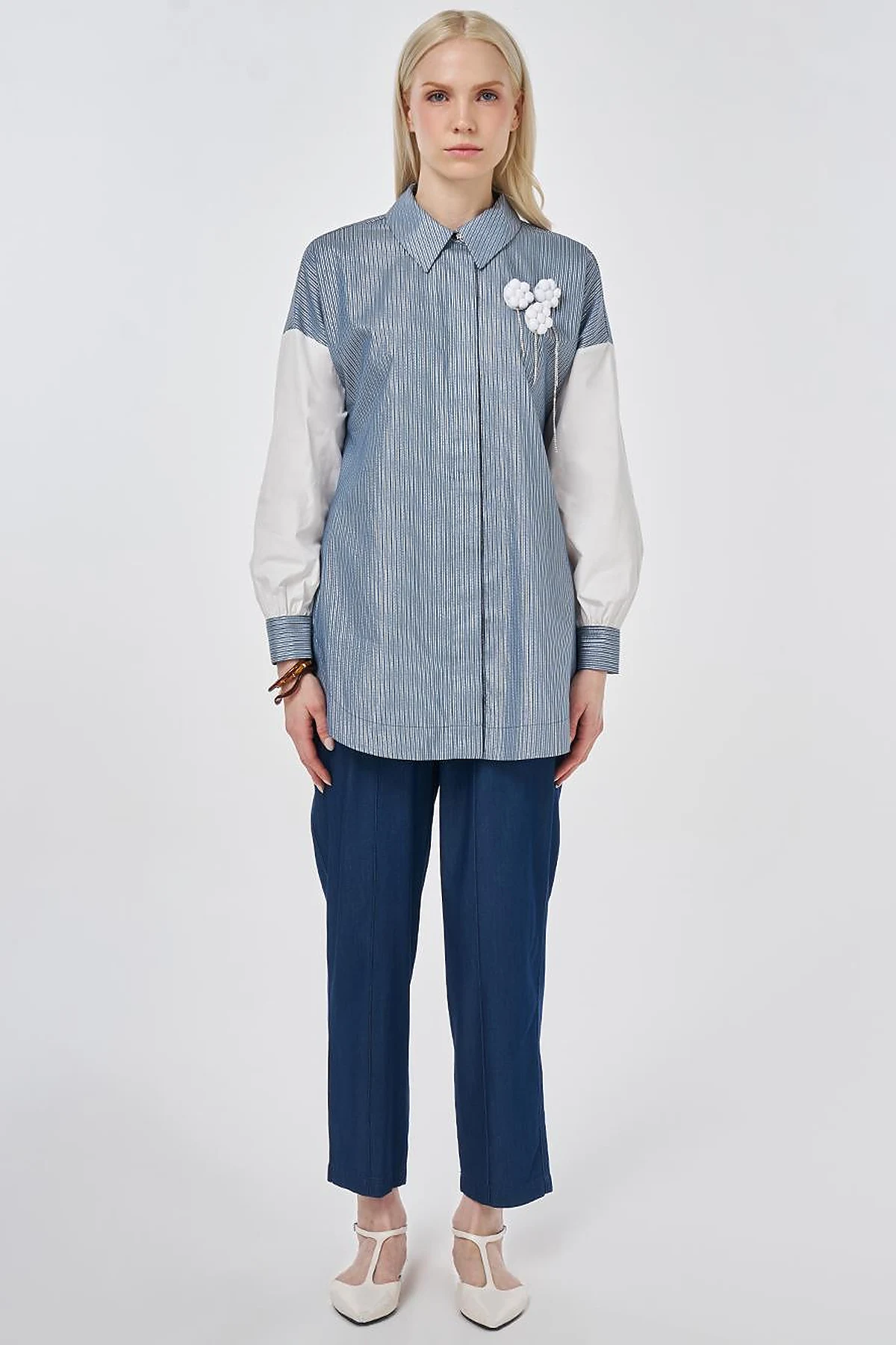 Striped Pattern Cotton Tunic with Brooch Indigo
