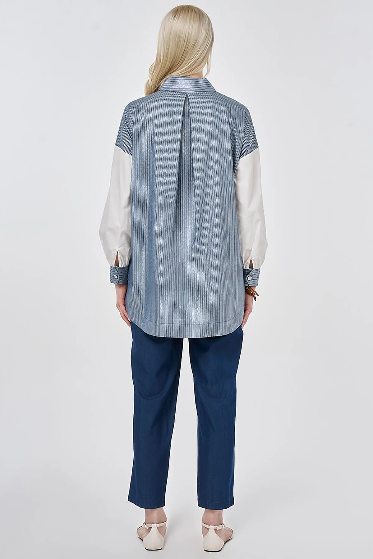 Striped Pattern Cotton Tunic with Brooch Indigo