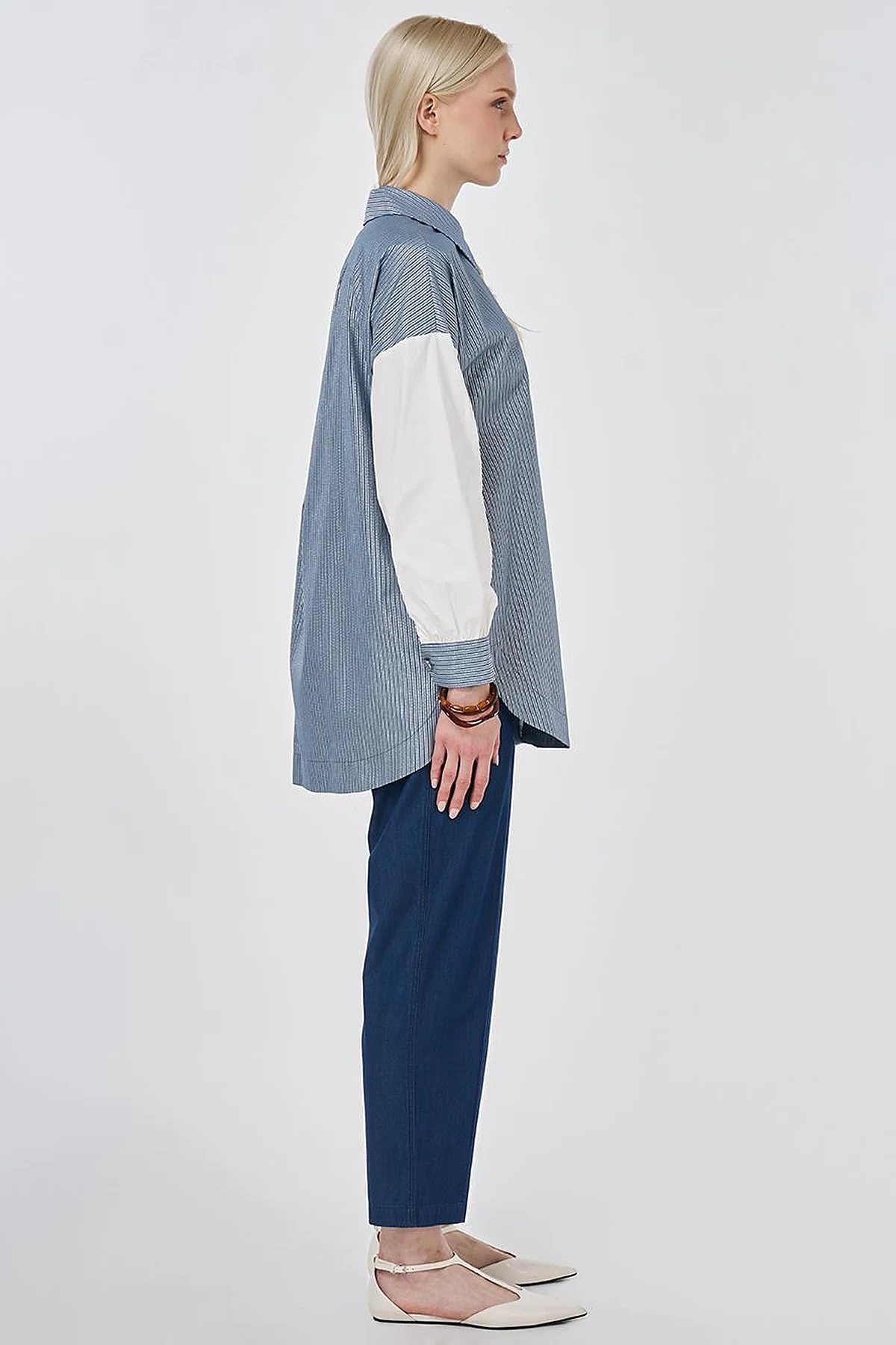 Striped Pattern Cotton Tunic with Brooch Indigo