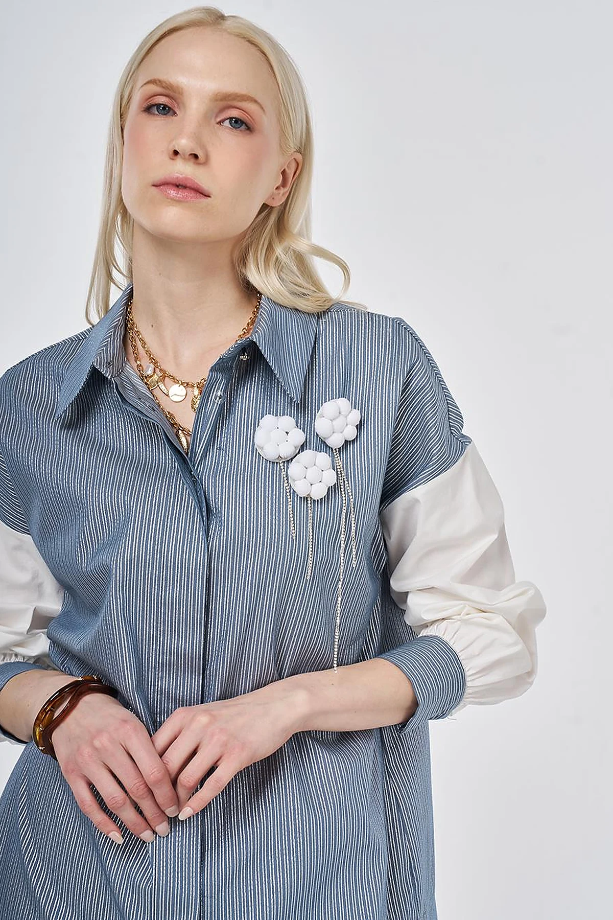 Striped Pattern Cotton Tunic with Brooch Indigo