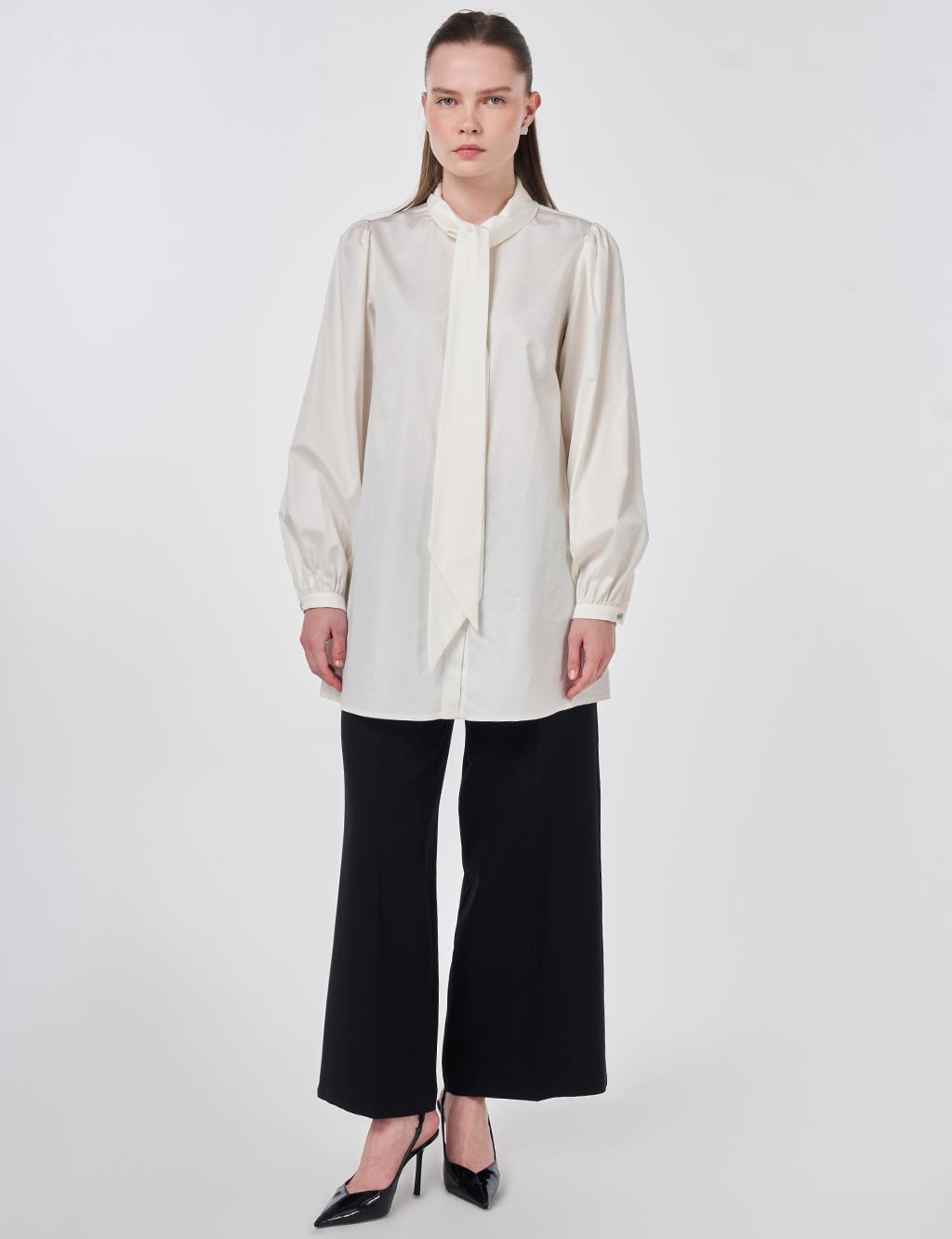 %100 Pamuklu Şal Yaka Tunik Ekru