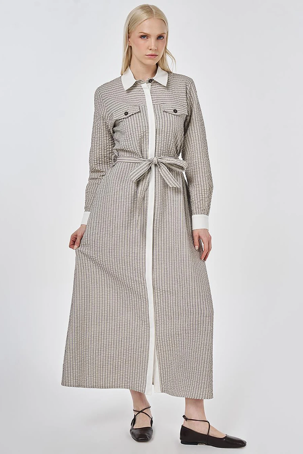 Flap Pocket Textured Dress Dark Brown