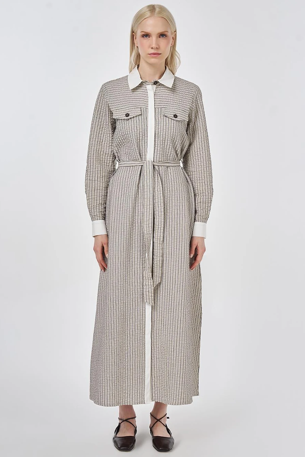 Flap Pocket Textured Dress Dark Brown