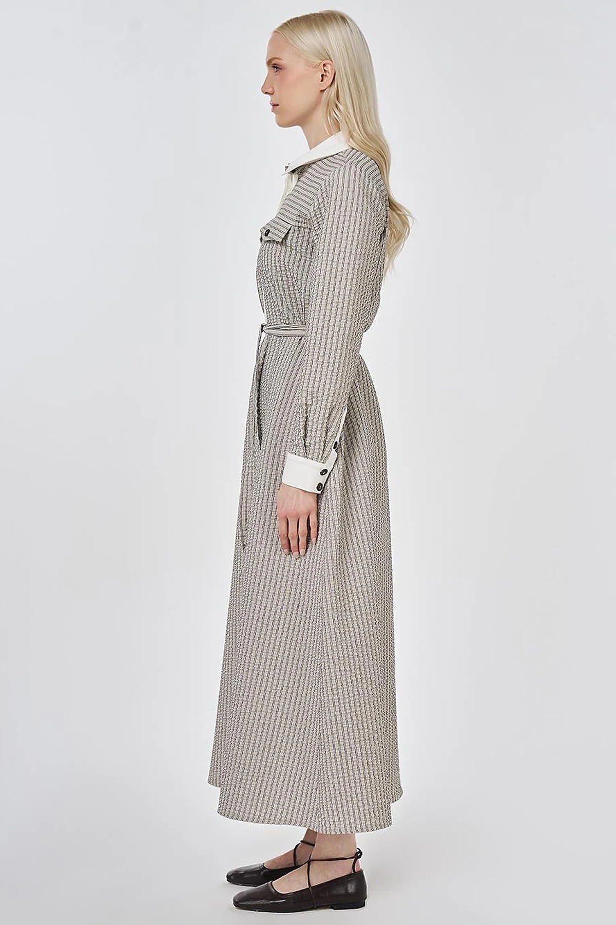 Flap Pocket Textured Dress Dark Brown