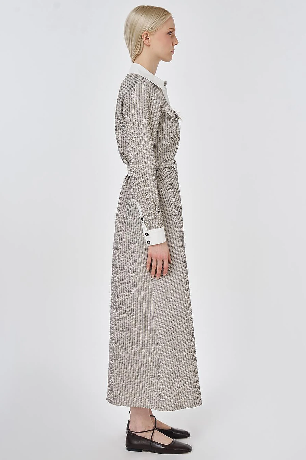Flap Pocket Textured Dress Dark Brown