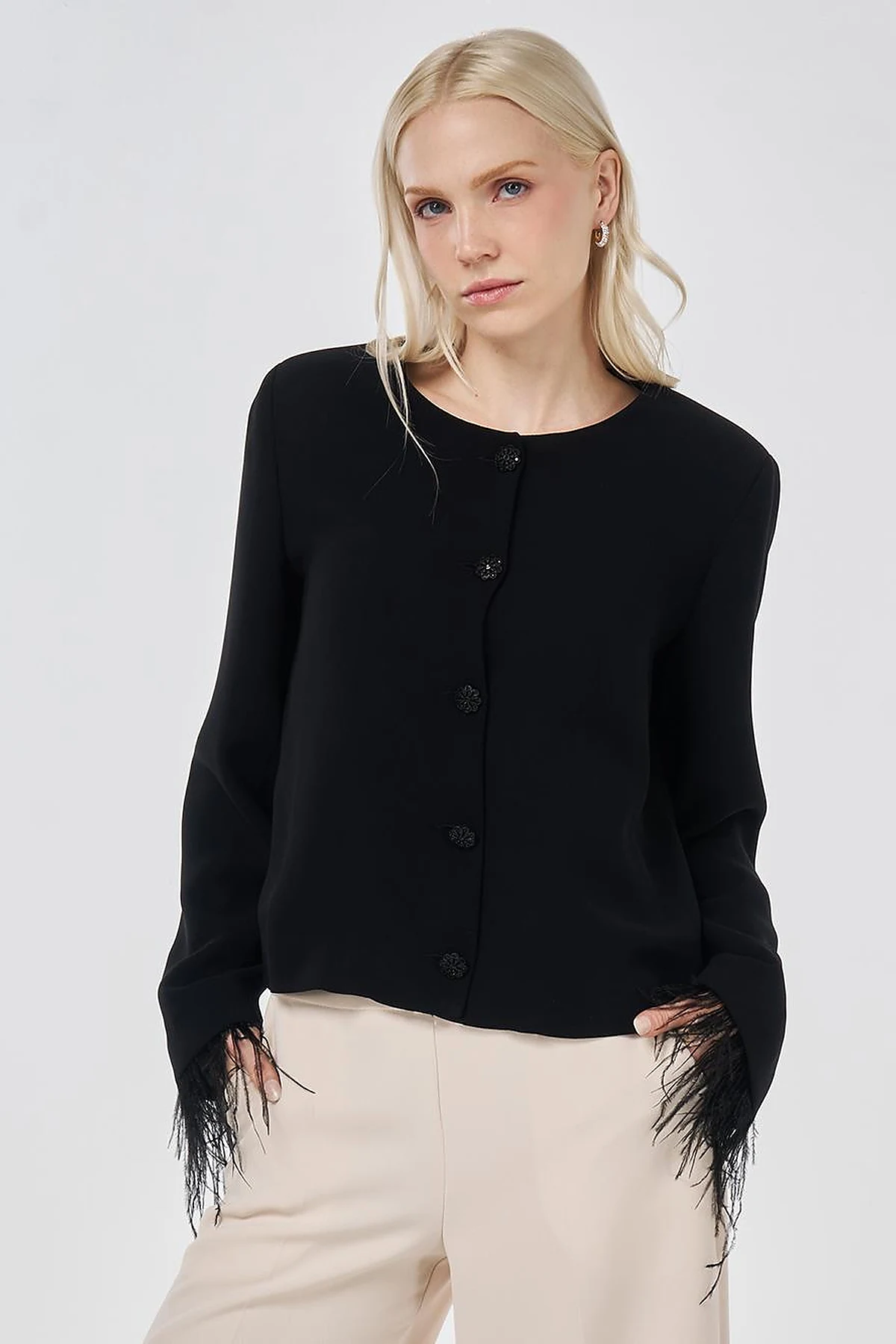 Ostrich-Detail Elegant Jacket Black
