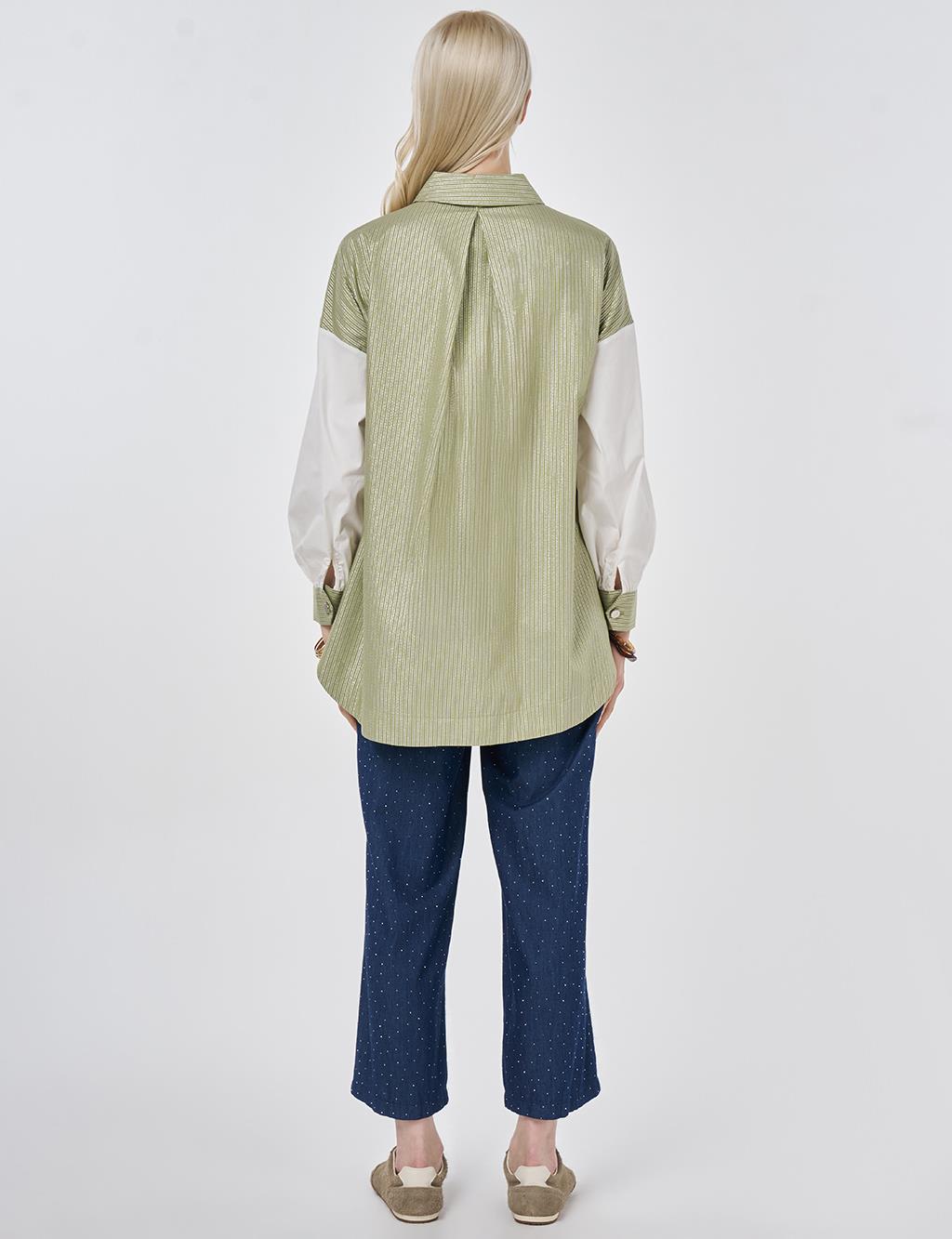 Striped Pattern Cotton Tunic with Brooch Matcha Green