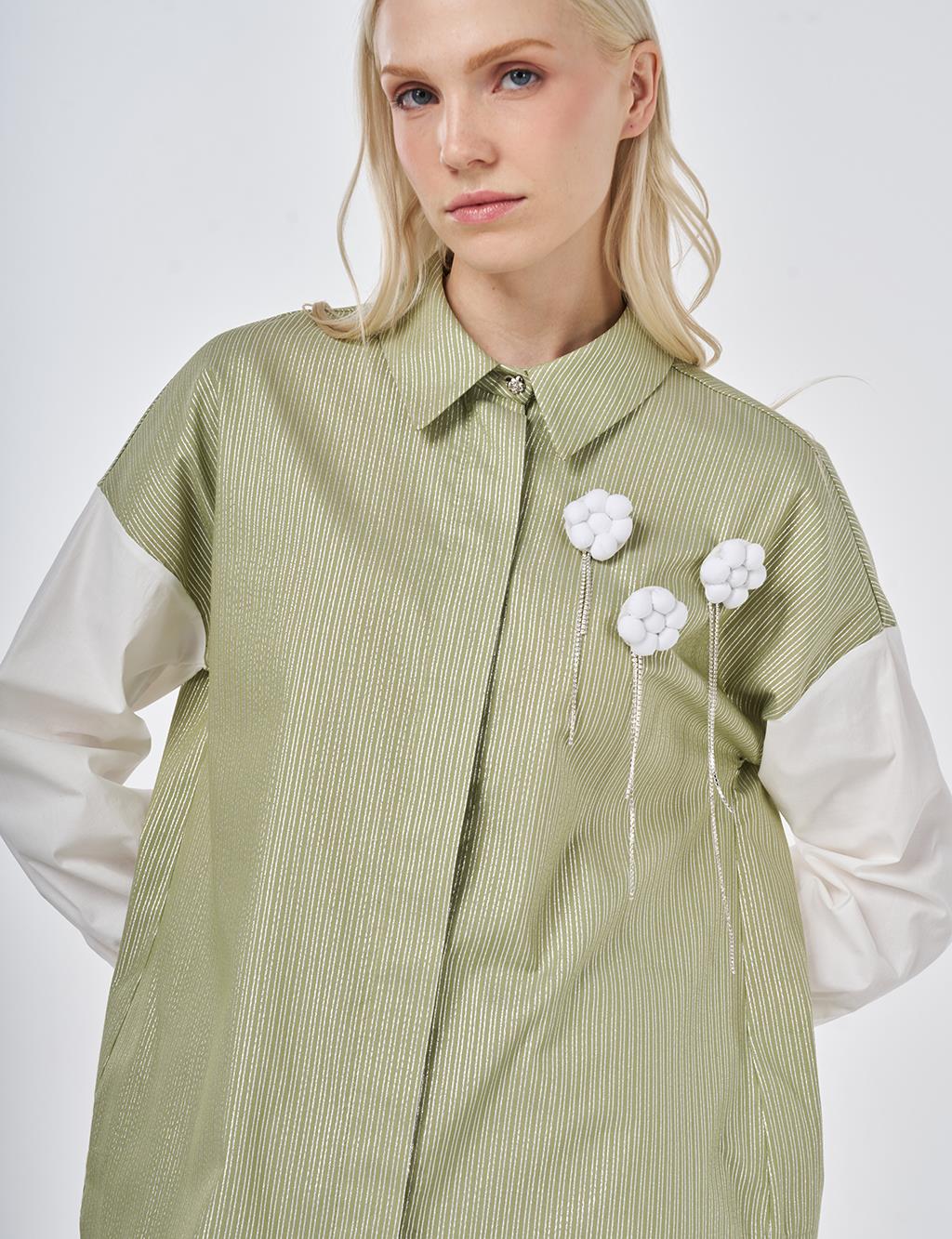 Striped Pattern Cotton Tunic with Brooch Matcha Green